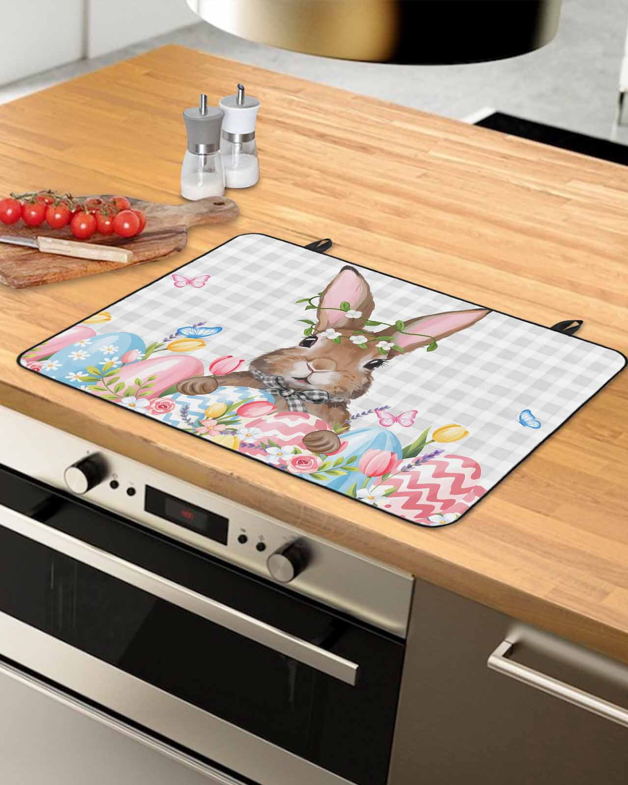 Large Induction Cooktop Protector Mat Bunny Easter Stove Top Covers for Electric Stove, Pink Floral Eggs Farmhouse Checkered Decorative Stove Burner Cover Mats, Glass Top Stove Cover