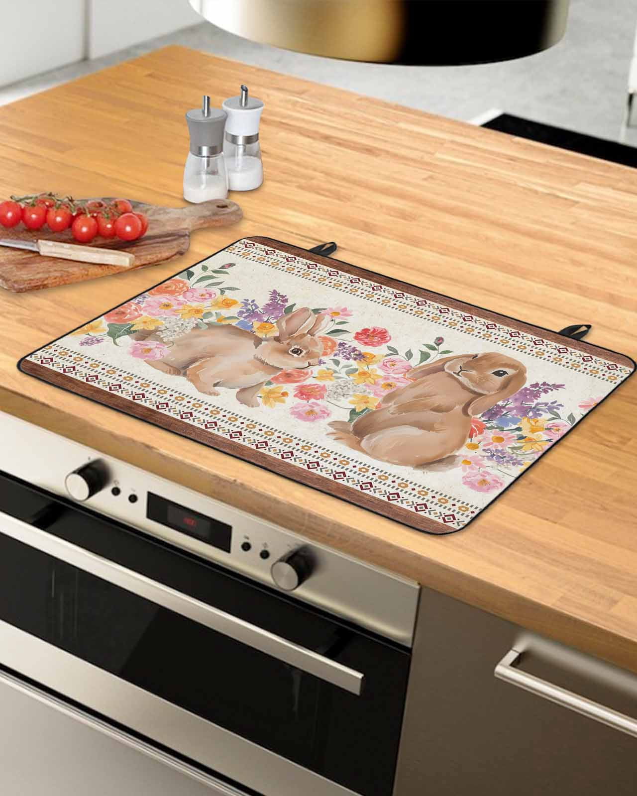 Large Induction Cooktop Protector Mat Bunny Stove Top Covers for Electric Stove, Spring Floral Pastoral Rabbits Farmhouse Wooden Decorative Stove Burner Cover Mats, Glass Top Stove Cover