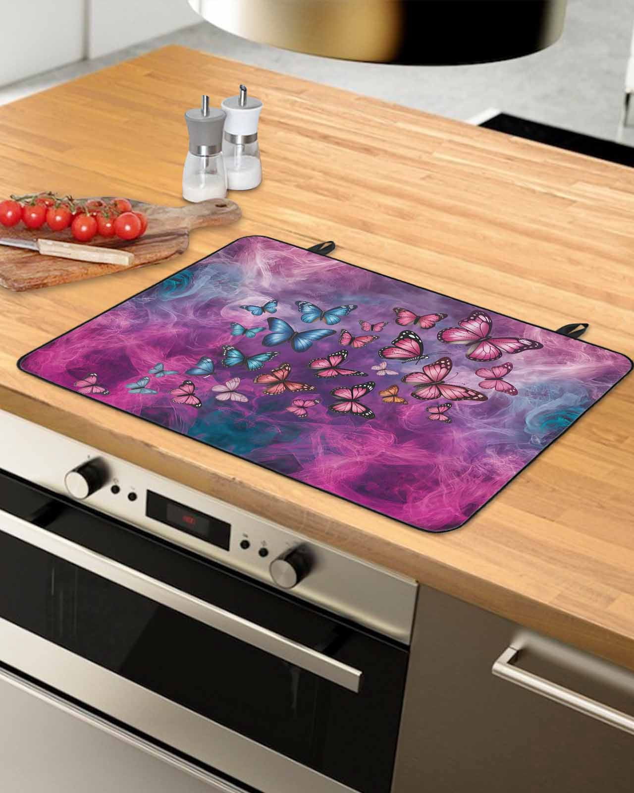 Large Induction Cooktop Protector Mat Butterfly Stove Top Covers for Electric Stove, Purple Blue Fantasy Dream Butterflies Abstract Decorative Stove Burner Cover Mats, Glass Top Stove Cover