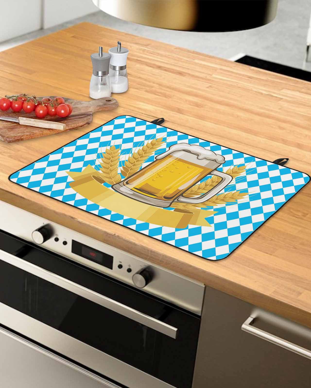Large Induction Cooktop Protector Mat Cartoon Beer Stove Top Covers for Electric Stove, Funny Wheat Abstract Blue White Plaid Decorative Stove Burner Cover Mats, Glass Top Stove Cover