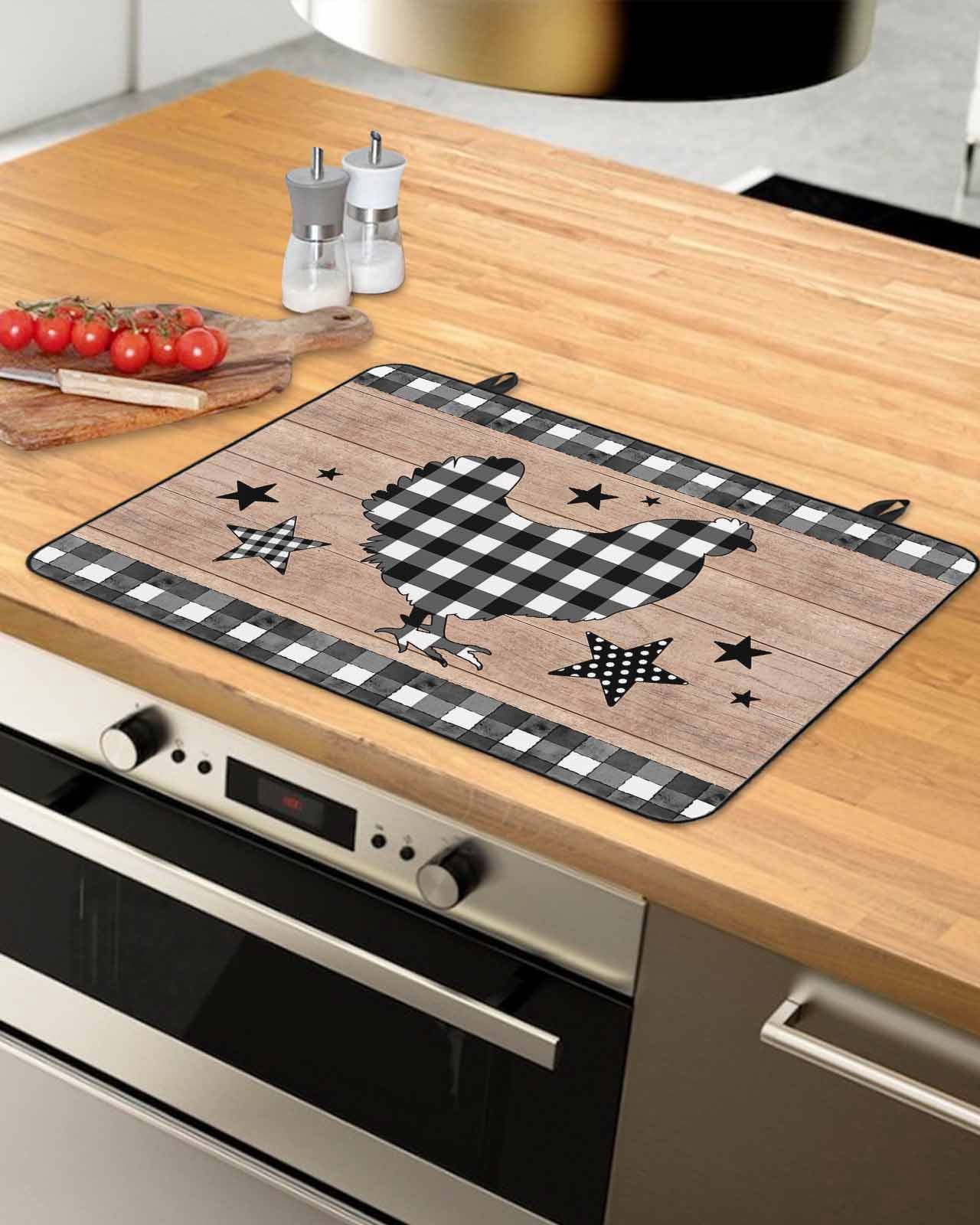 Large Induction Cooktop Protector Mat Chicken Hen Stove Top Covers for Electric Stove, Rooster Animals Farmhouse Plaid Brown Wooden Grain Decorative Stove Burner Cover Mats, Glass Top Stove Cover