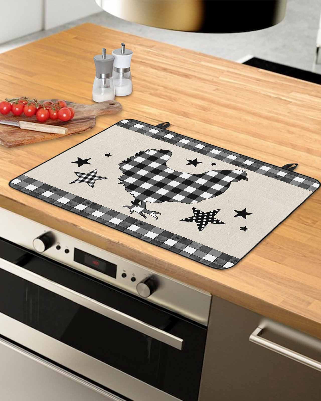 Large Induction Cooktop Protector Mat Chicken Hen Stove Top Covers for Electric Stove, Rooster Animals Farmhouse White Black Plaid Vintage Decorative Stove Burner Cover Mats, Glass Top Stove Cover