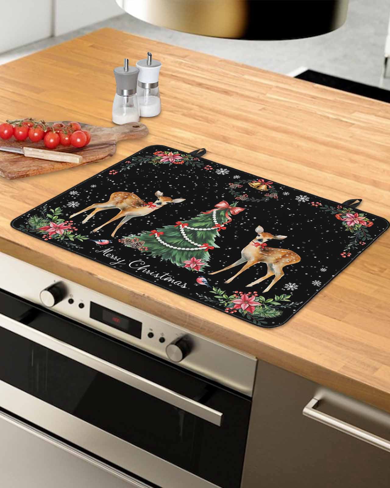 Large Induction Cooktop Protector Mat Christmas Deer Stove Top Covers for Electric Stove, Winter Xmas Snowflakes Bow Tree Black Decorative Stove Burner Cover Mats, Glass Top Stove Cover