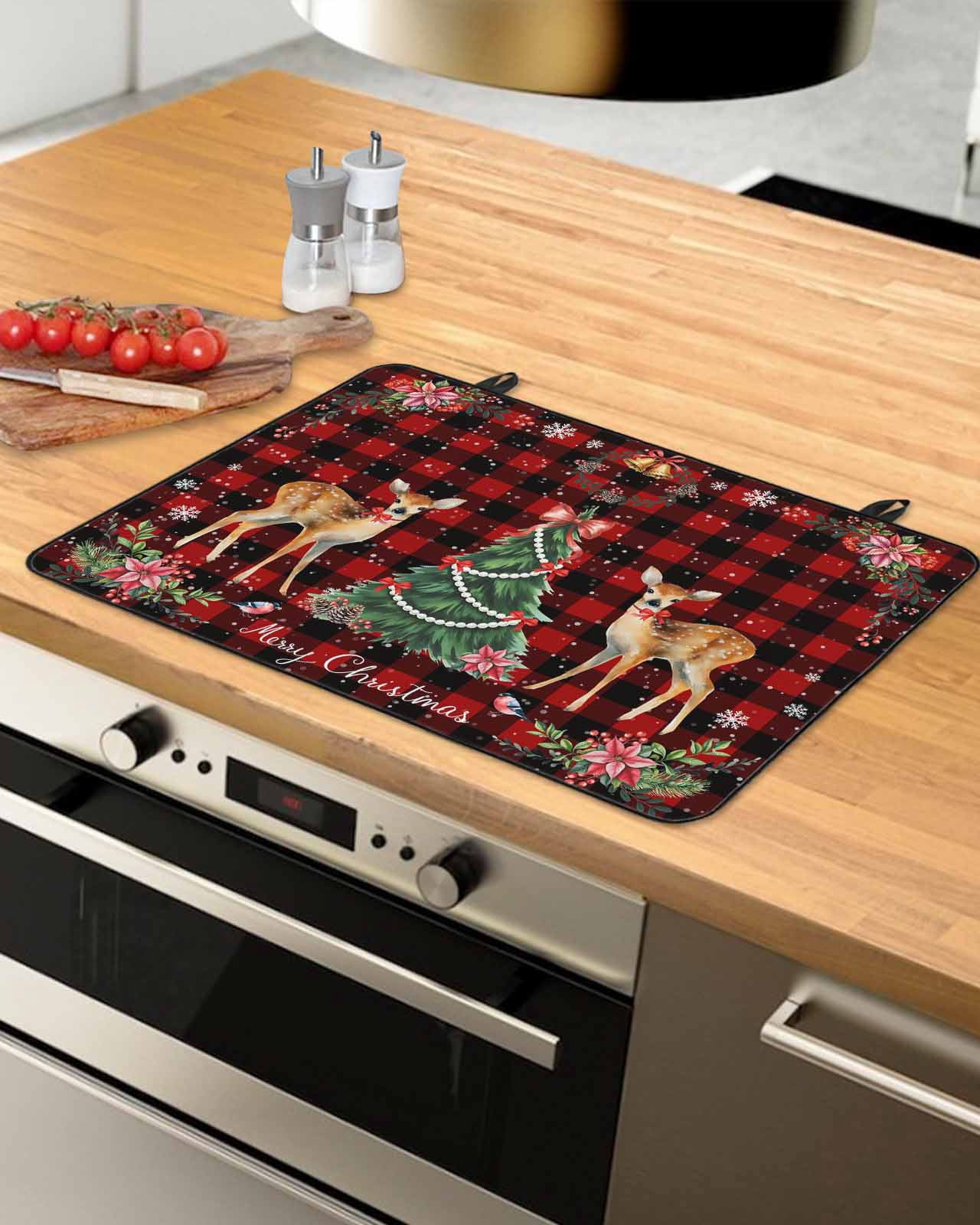 Large Induction Cooktop Protector Mat Christmas Deer Stove Top Covers for Electric Stove, Winter Xmas Snowflakes Bow Tree Red Black Decorative Stove Burner Cover Mats, Glass Top Stove Cover