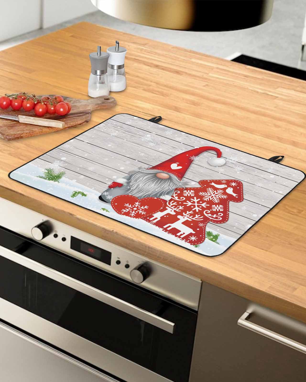 Large Induction Cooktop Protector Mat Christmas Gnomes Stove Top Covers for Electric Stove, Red Xmas Tree Winter Snowflakes Farmhouse Wood Decorative Stove Burner Cover Mats, Glass Top Stove Cover