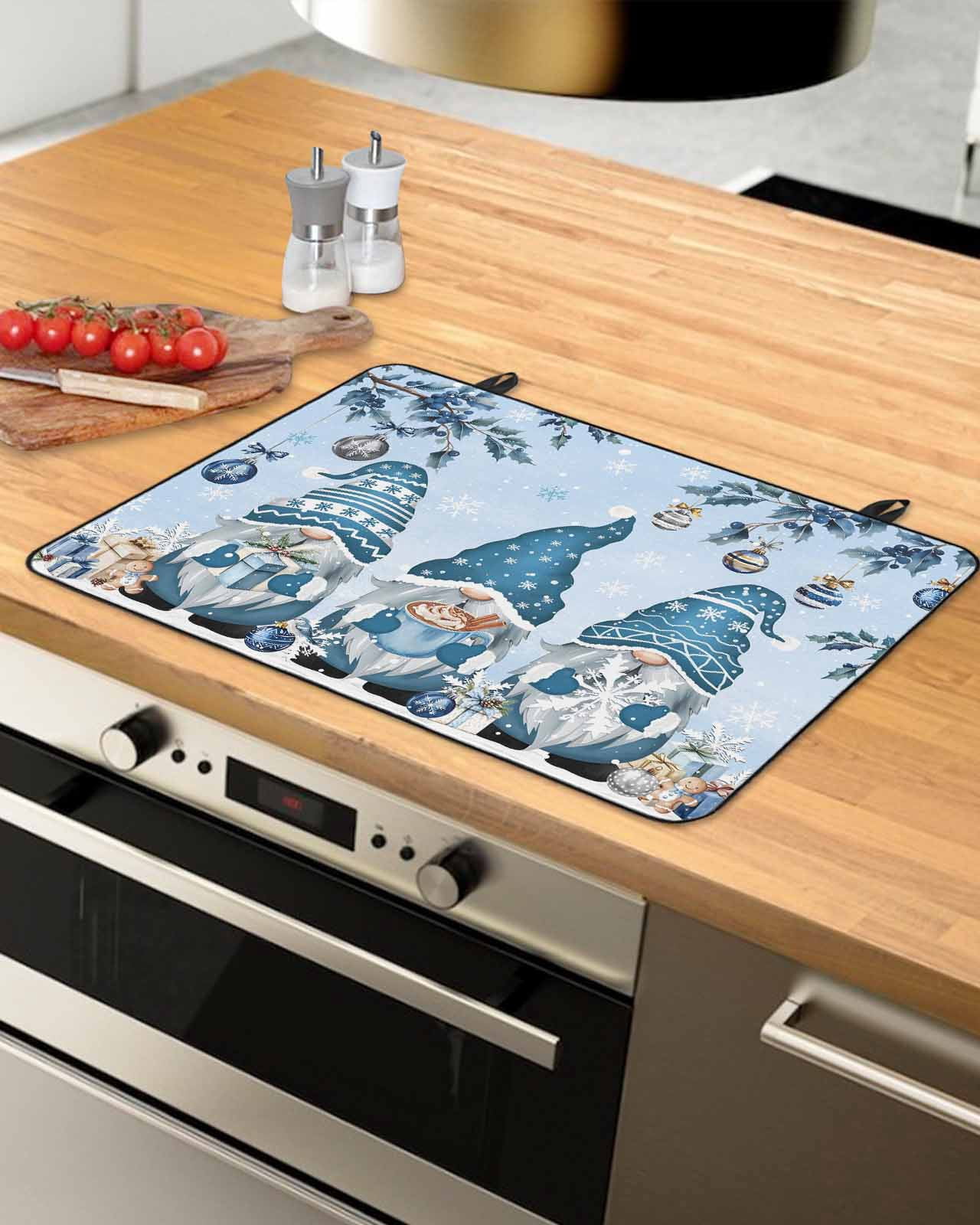 Large Induction Cooktop Protector Mat Christmas Gnomes Stove Top Covers for Electric Stove, Winter Xmas Balls Snowflake Light Blue Decorative Stove Burner Cover Mats, Glass Top Stove Cover