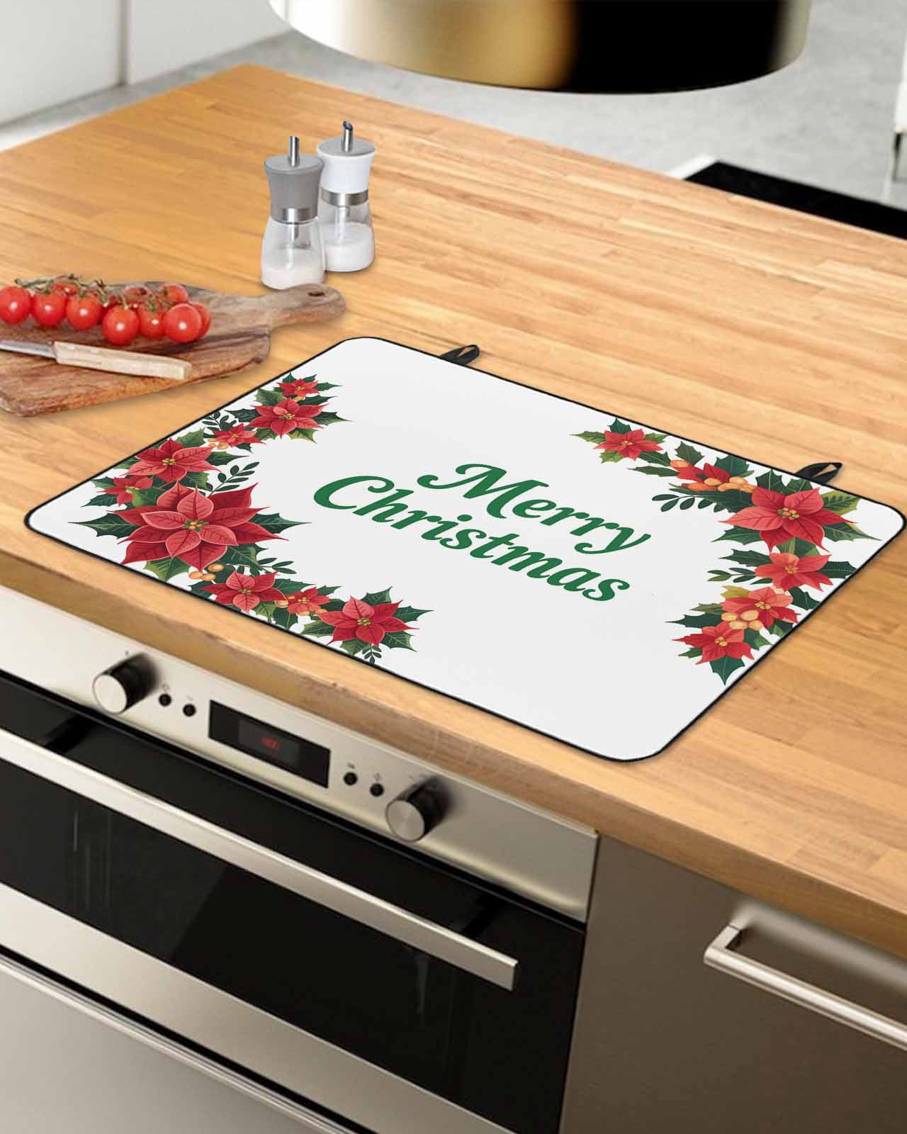 Large Induction Cooktop Protector Mat Christmas Poinsettia Stove Top Covers for Electric Stove, Farmhouse Red Flowers Floral Leaves Decorative Stove Burner Cover Mats, Glass Top Stove Cover