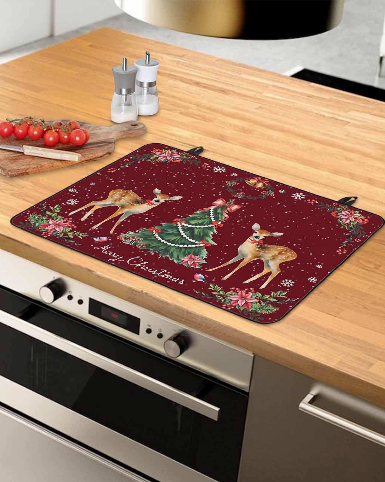 Large Induction Cooktop Protector Mat Christmas Reindeer Stove Top Covers for Electric Stove, Xmas Elk Pine Tree Red Poinsettia Floral Decorative Stove Burner Cover Mats, Glass Top Stove Cover