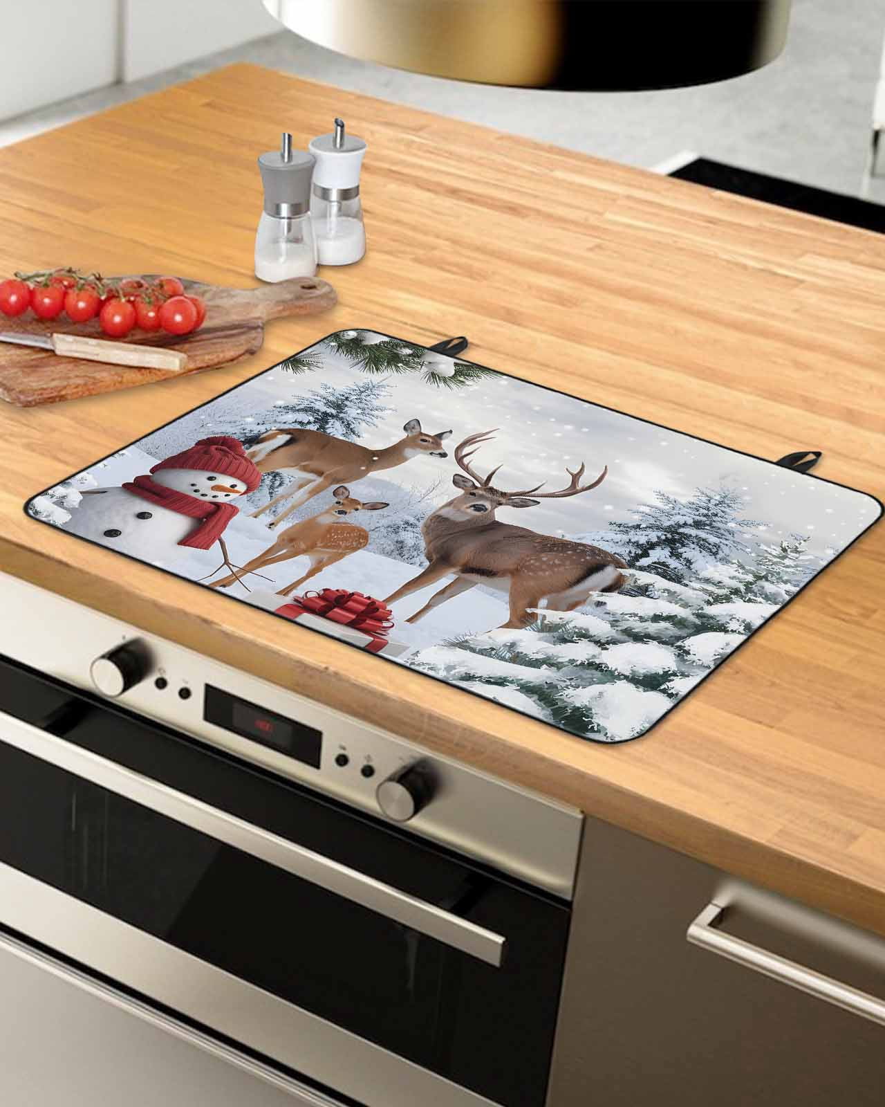 Large Induction Cooktop Protector Mat Christmas Snowman Stove Top Covers for Electric Stove, Xmas Deer Winter Birds Snows Pine Tree Decorative Stove Burner Cover Mats, Glass Top Stove Cover