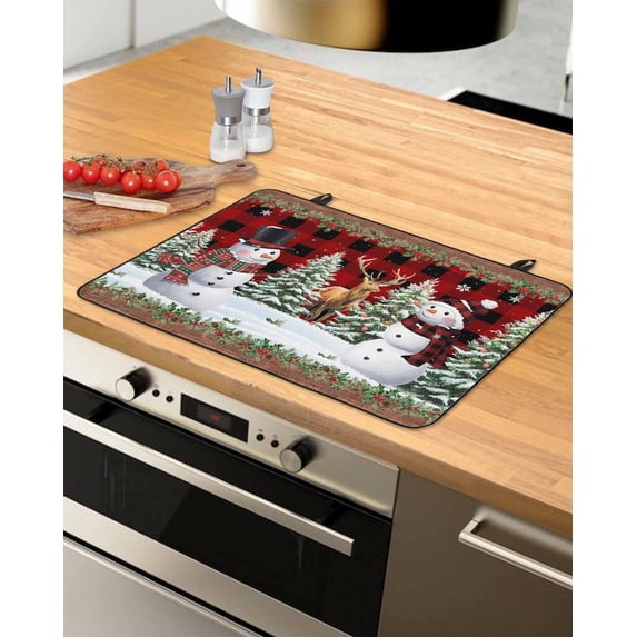 Large Induction Cooktop Protector Mat Christmas Snowman Stove Top Covers for Electric Stove, Xmas Winter Red Black Plaid Wooden Decorative Stove Burner Cover Mats, Glass Top Stove Cover