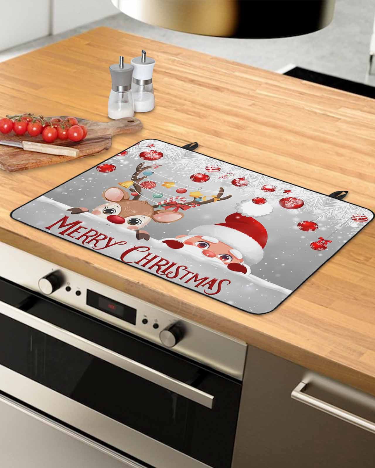 Large Induction Cooktop Protector Mat Christmas Stove Top Covers for Electric Stove, Cute Santa Claus Reindeer Red Xmas Balls Snowy Grey Decorative Stove Burner Cover Mats, Glass Top Stove Cover