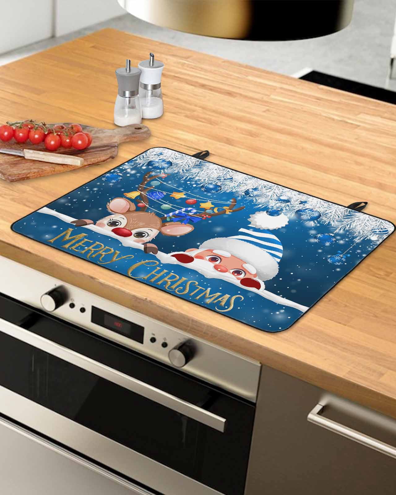 Large Induction Cooktop Protector Mat Christmas Stove Top Covers for Electric Stove, Cute Santa Claus Reindeer Xmas Balls Snowy Navy Blue Decorative Stove Burner Cover Mats, Glass Top Stove Cover