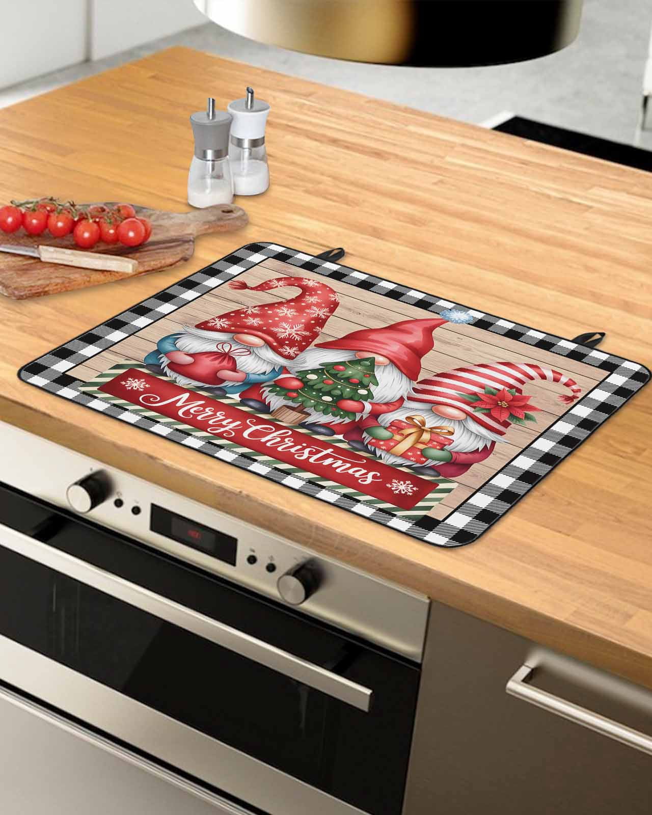 Large Induction Cooktop Protector Mat Christmas Stove Top Covers for Electric Stove, Gnomes Poinsettia Wooden Grain Black Check Decorative Stove Burner Cover Mats, Glass Top Stove Cover
