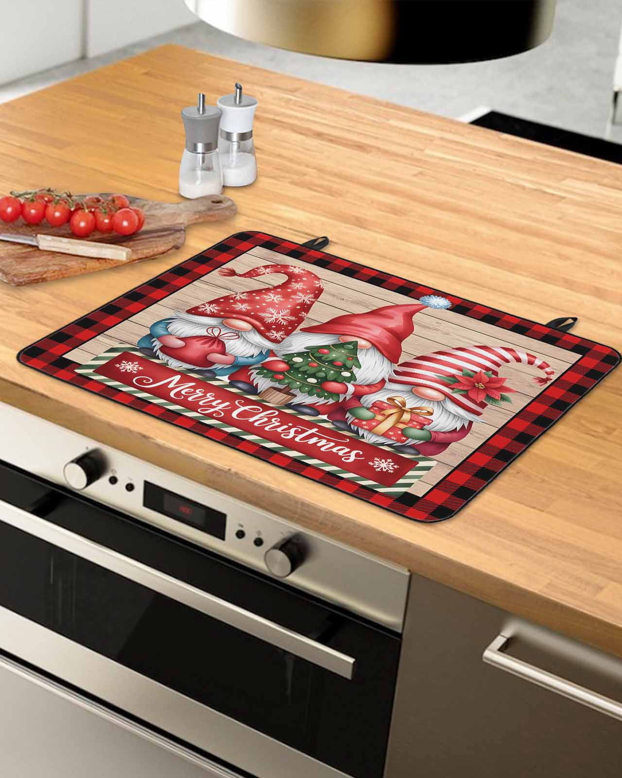 Large Induction Cooktop Protector Mat Christmas Stove Top Covers for Electric Stove, Gnomes Poinsettia Wooden Grain Red Black Plaid Decorative Stove Burner Cover Mats, Glass Top Stove Cover
