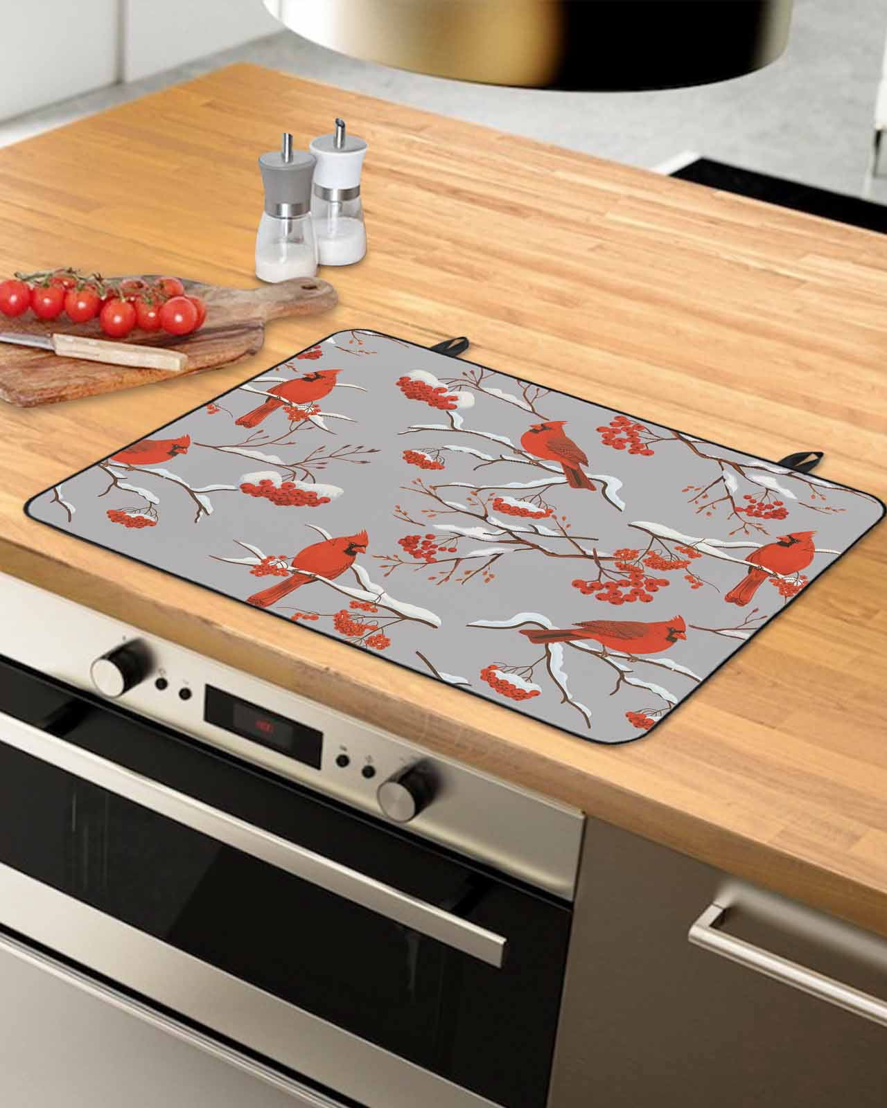 Large Induction Cooktop Protector Mat Christmas Stove Top Covers for Electric Stove, Red Cardinal Birds on Branch Berries Grey Decorative Stove Burner Cover Mats, Glass Top Stove Cover