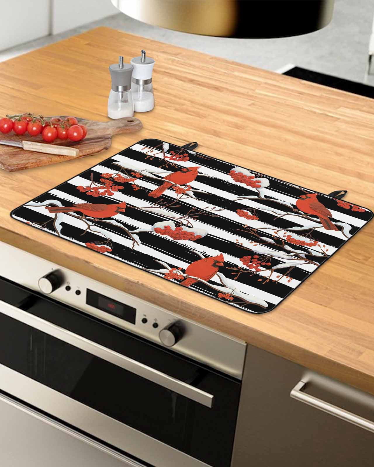 Large Induction Cooktop Protector Mat Christmas Stove Top Covers for Electric Stove, Red Cardinal Birds on Branch Berries White Black Stripes Decorative Stove Burner Cover Mats, Glass Top Stove Cover