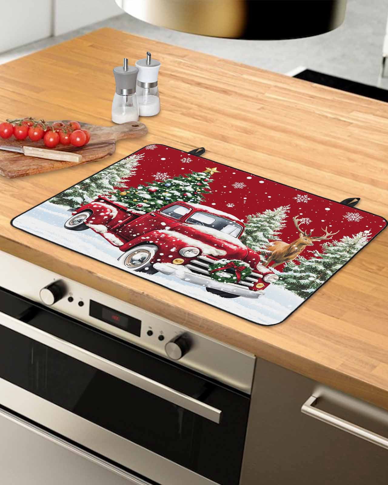 Large Induction Cooktop Protector Mat Christmas Stove Top Covers for Electric Stove, Red Truck Xmas Tree Winter Snowflakes Elk Decorative Stove Burner Cover Mats, Glass Top Stove Cover