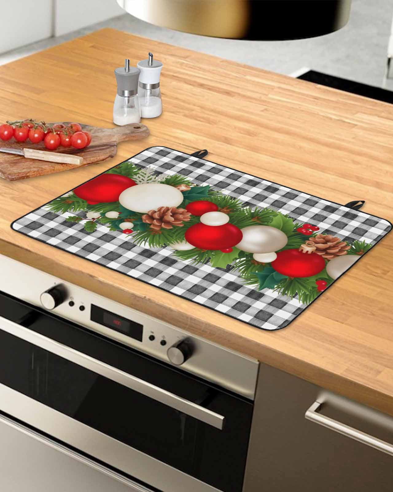 Large Induction Cooktop Protector Mat Christmas Stove Top Covers for Electric Stove, Red White Ball Pine Cones Needles Grey Plaid Decorative Stove Burner Cover Mats, Glass Top Stove Cover