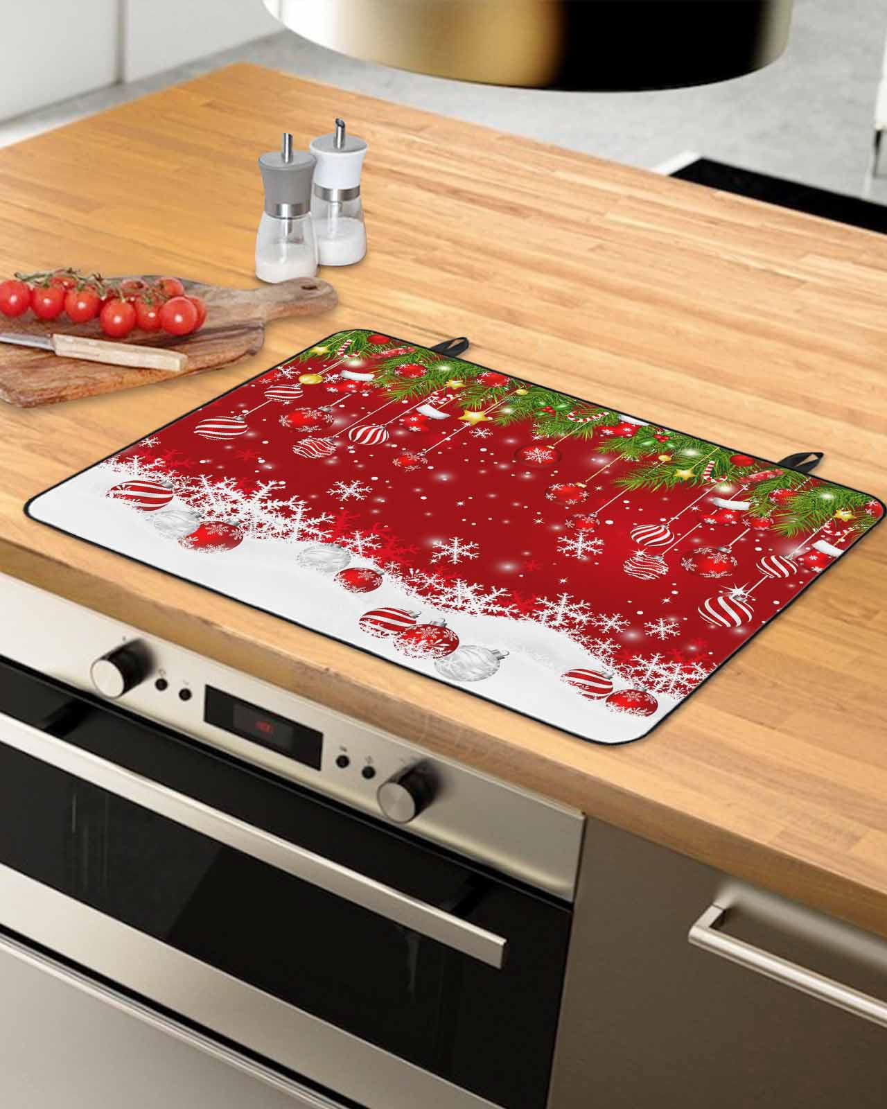 Large Induction Cooktop Protector Mat Christmas Stove Top Covers for Electric Stove, Red Xmas Weeping Balls Green Branches Snowflakes Decorative Stove Burner Cover Mats, Glass Top Stove Cover