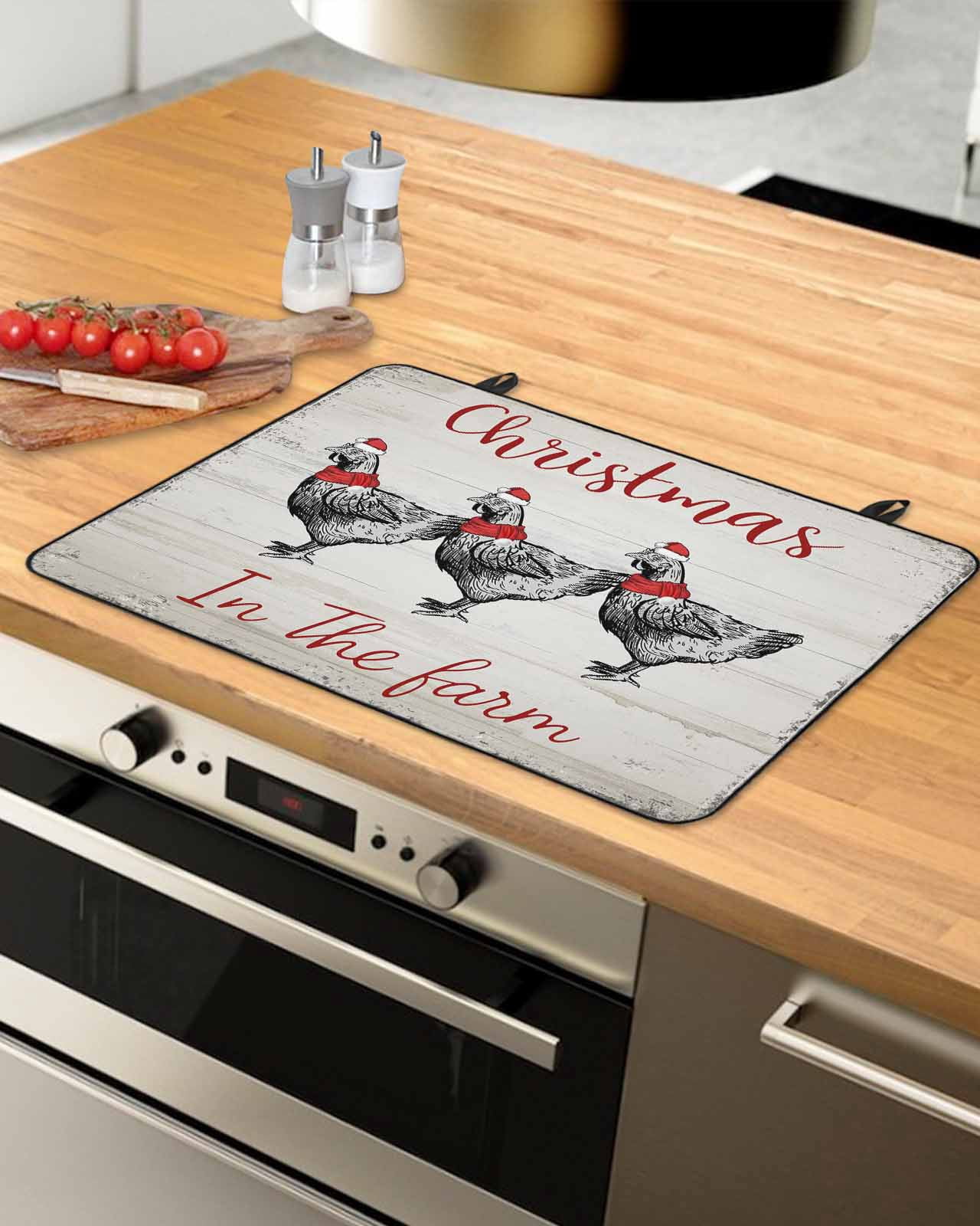 Large Induction Cooktop Protector Mat Christmas Stove Top Covers for Electric Stove, Retro Chicken Farmhouse Wooden Stripes Decorative Stove Burner Cover Mats, Glass Top Stove Cover
