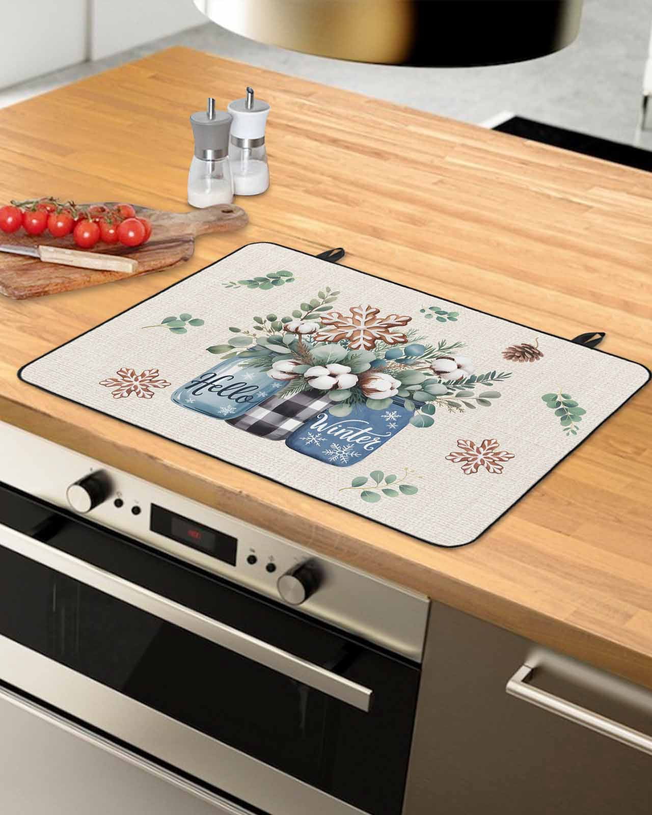 Large Induction Cooktop Protector Mat Christmas Stove Top Covers for Electric Stove, Retro Snowflakes Floral Eucalyptus Leaves Decorative Stove Burner Cover Mats, Glass Top Stove Cover