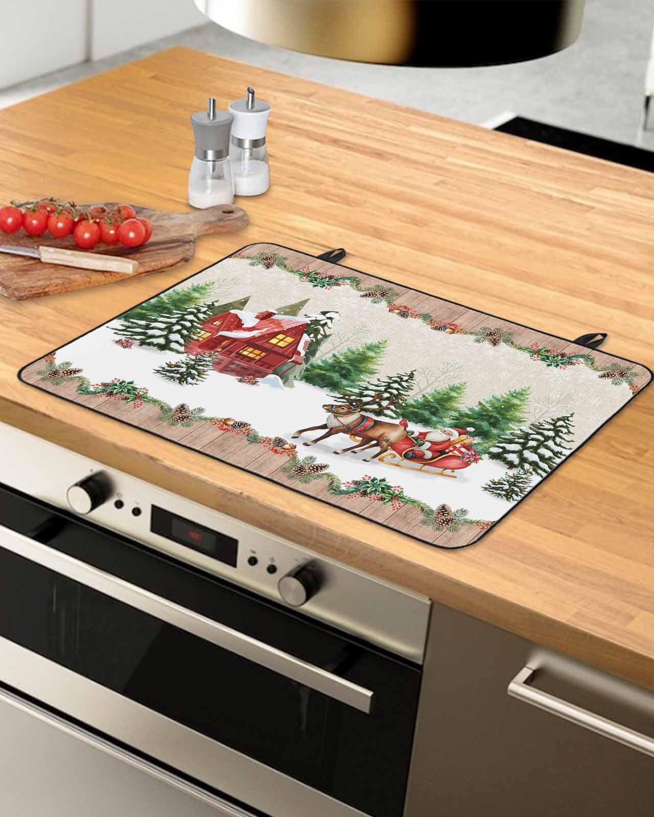 Large Induction Cooktop Protector Mat Christmas Stove Top Covers for Electric Stove, Santa Claus Xmas Tree Pine Cones Reindeer Brown Wood Decorative Stove Burner Cover Mats, Glass Top Stove Cover