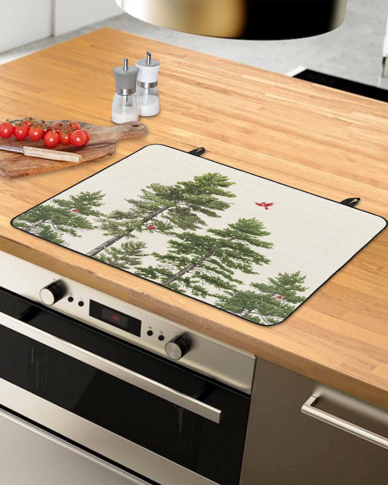 Large Induction Cooktop Protector Mat Christmas Stove Top Covers for Electric Stove, Winter Cardinal Pine Tree Light Beige Decorative Stove Burner Cover Mats, Glass Top Stove Cover