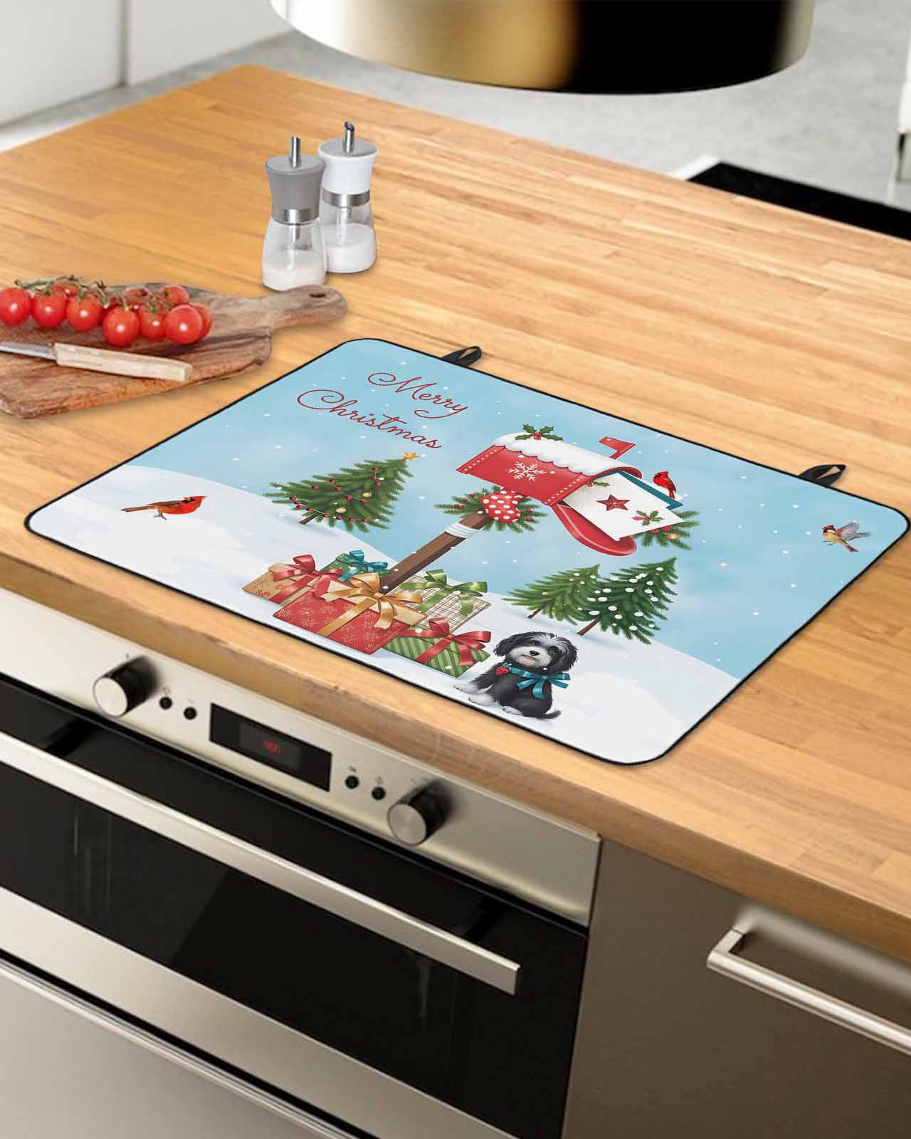 Large Induction Cooktop Protector Mat Christmas Stove Top Covers for Electric Stove, Winter Cartoon Xmas Mailbox Cardinal Pine Trees Decorative Stove Burner Cover Mats, Glass Top Stove Cover