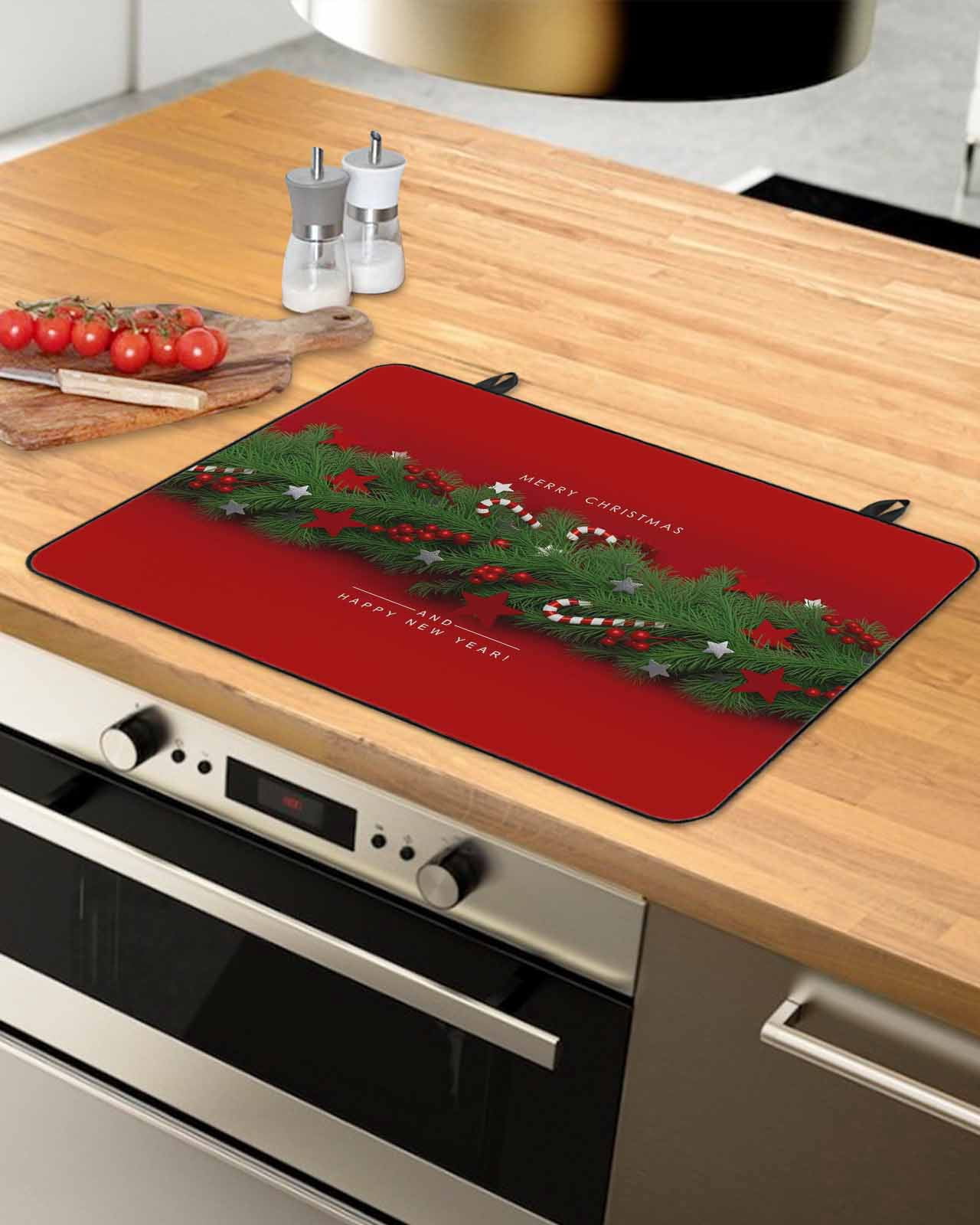 Large Induction Cooktop Protector Mat Christmas Stove Top Covers for Electric Stove, Winter Chic Pine Branch Xmas Sandpins Candy Red Decorative Stove Burner Cover Mats, Glass Top Stove Cover