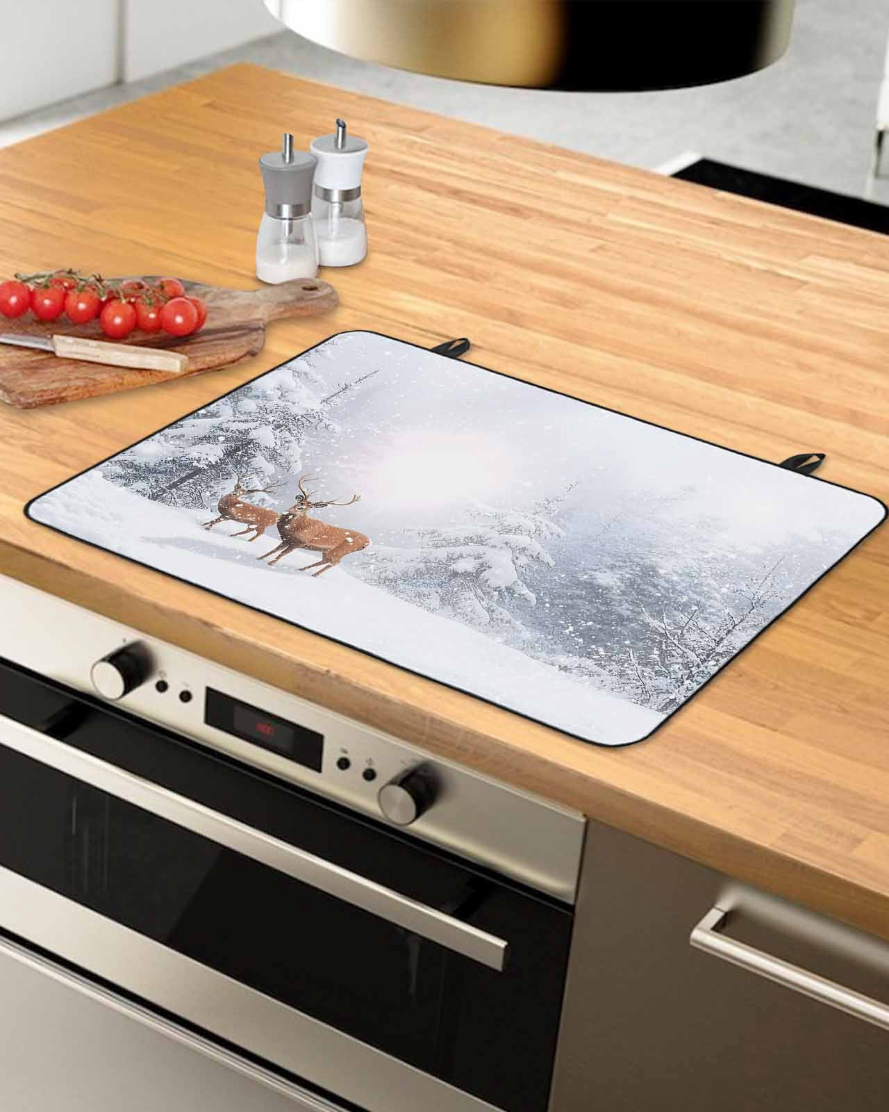 Large Induction Cooktop Protector Mat Christmas Stove Top Covers for Electric Stove, Winter Deer Pine Trees Nature Snow Scene Decorative Stove Burner Cover Mats, Glass Top Stove Cover