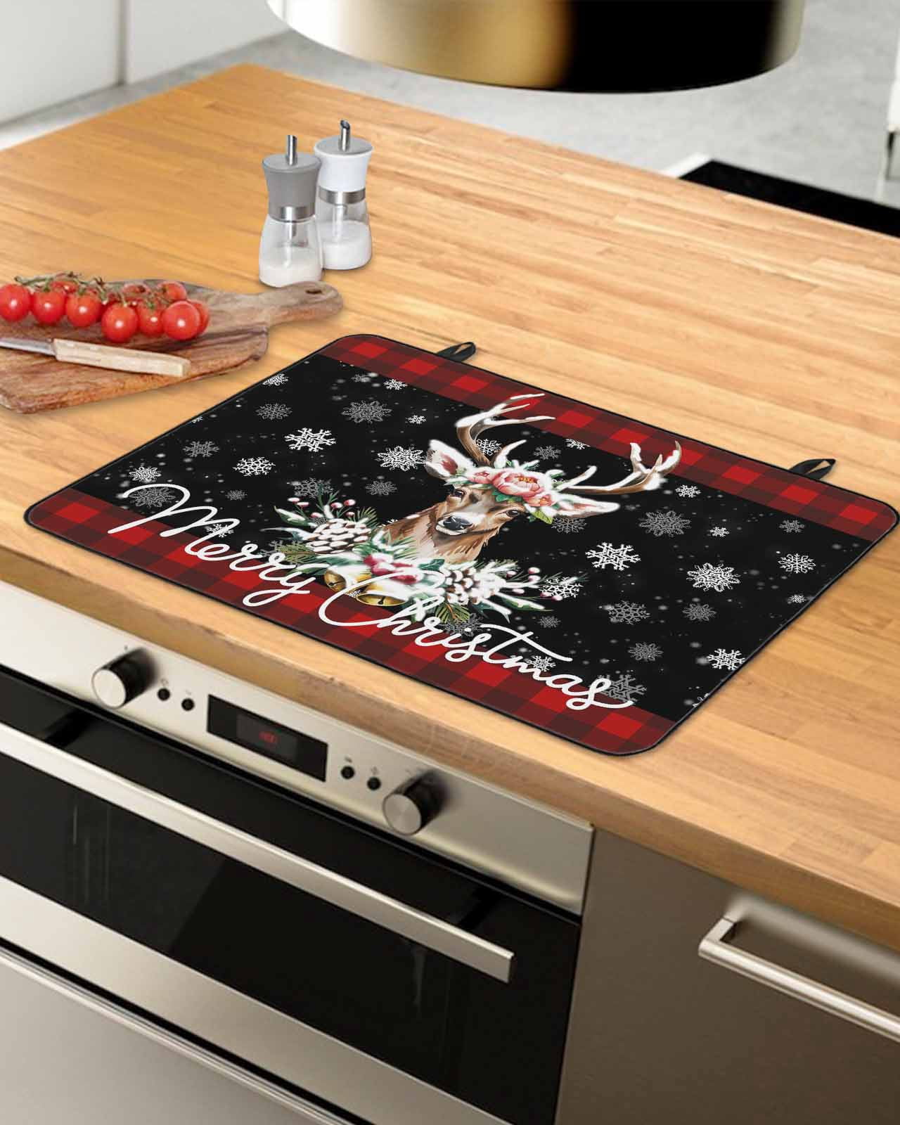 Large Induction Cooktop Protector Mat Christmas Stove Top Covers for Electric Stove, Winter Elk Berry Leaves Needle Snowflake Plaid Decorative Stove Burner Cover Mats, Glass Top Stove Cover