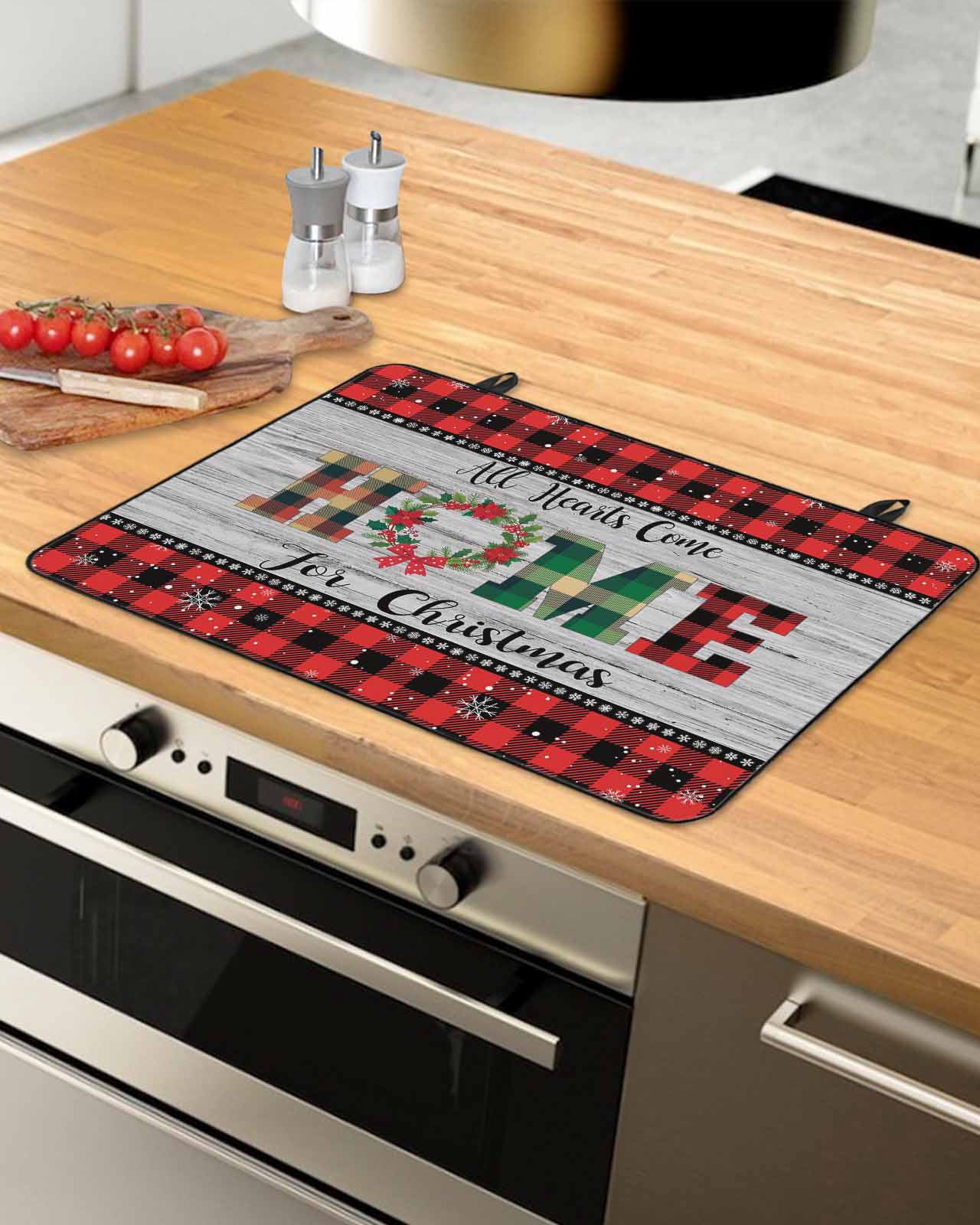 Large Induction Cooktop Protector Mat Christmas Stove Top Covers for Electric Stove, Winter Poinsettia Wooden Grain Red Black Plaid Decorative Stove Burner Cover Mats, Glass Top Stove Cover