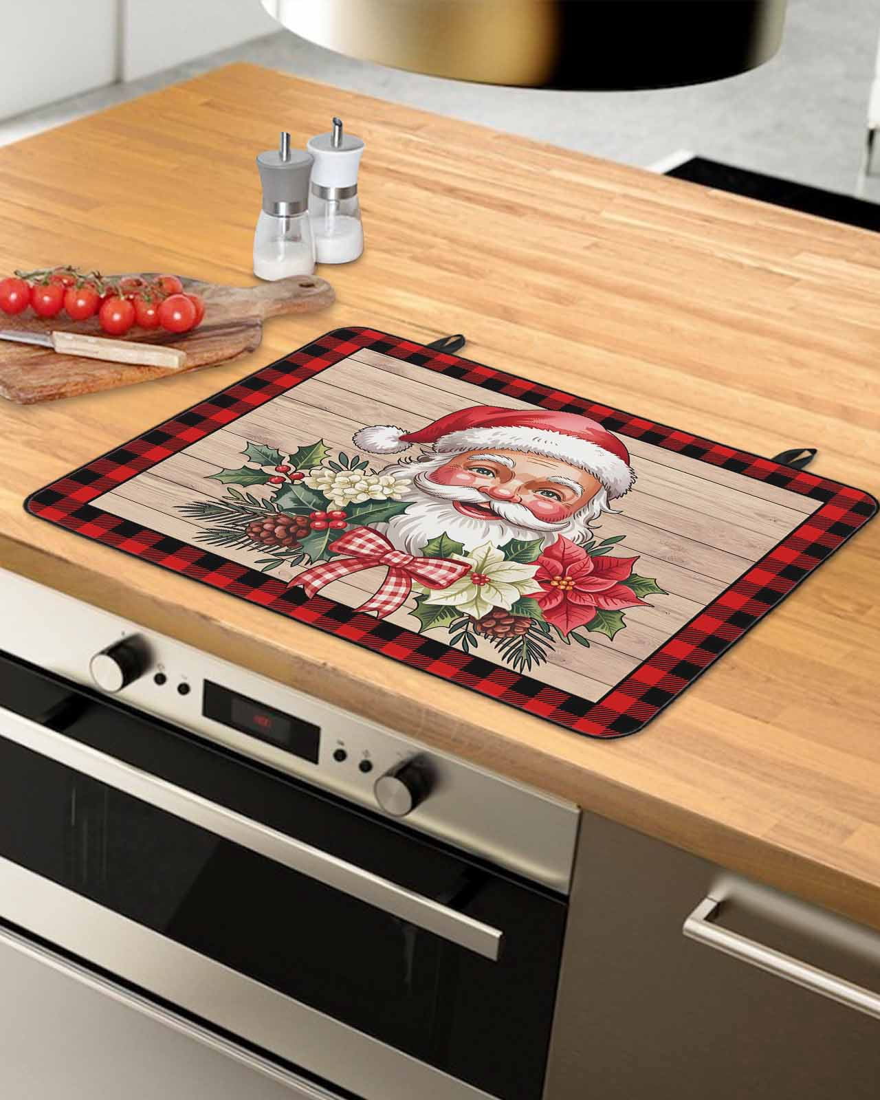 Large Induction Cooktop Protector Mat Christmas Stove Top Covers for Electric Stove, Winter Santa Claus Poinsettia Wooden Grain Decorative Stove Burner Cover Mats, Glass Top Stove Cover