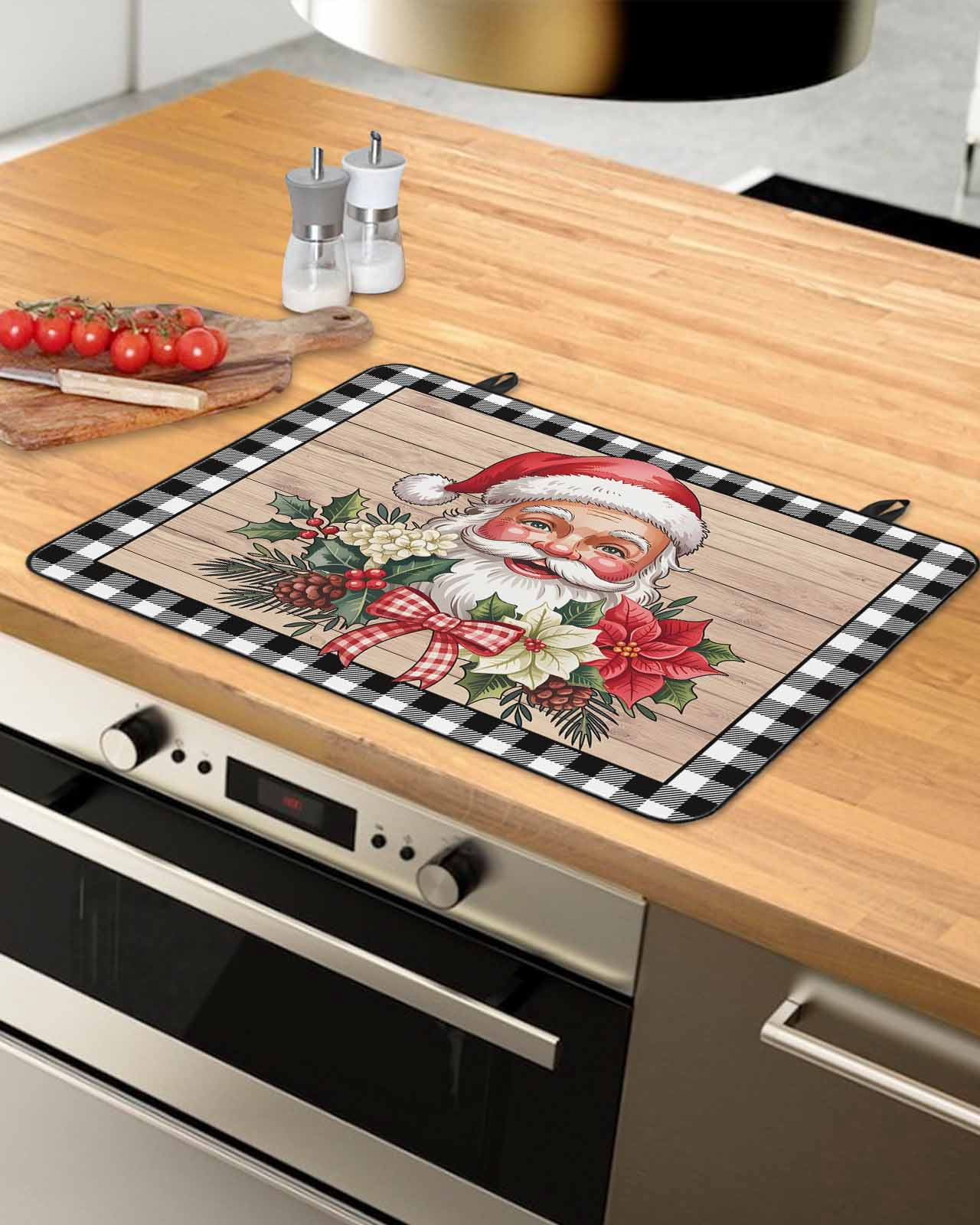 Large Induction Cooktop Protector Mat Christmas Stove Top Covers for Electric Stove, Winter Santa Claus Poinsettia Wooden Plaid Decorative Stove Burner Cover Mats, Glass Top Stove Cover