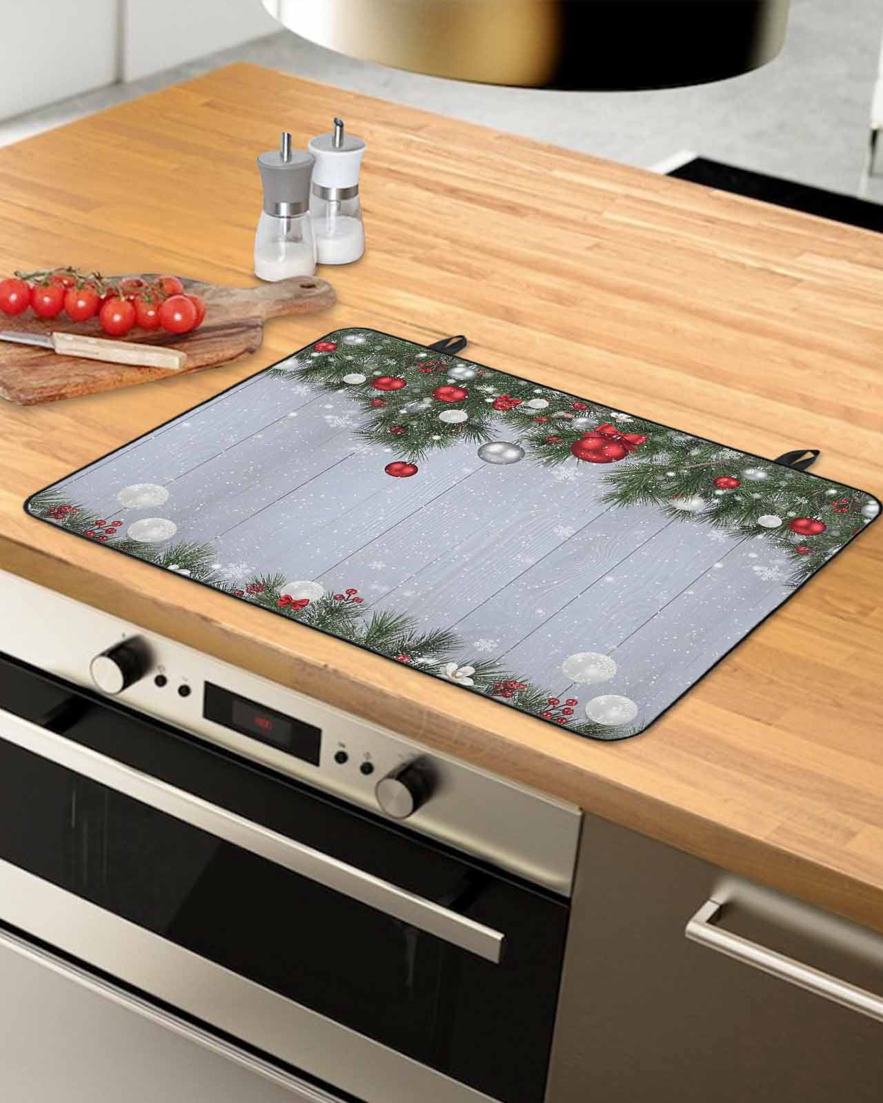 Large Induction Cooktop Protector Mat Christmas Stove Top Covers for Electric Stove, Winter Xmas Balls Pine Branches Wooden Grain Decorative Stove Burner Cover Mats, Glass Top Stove Cover