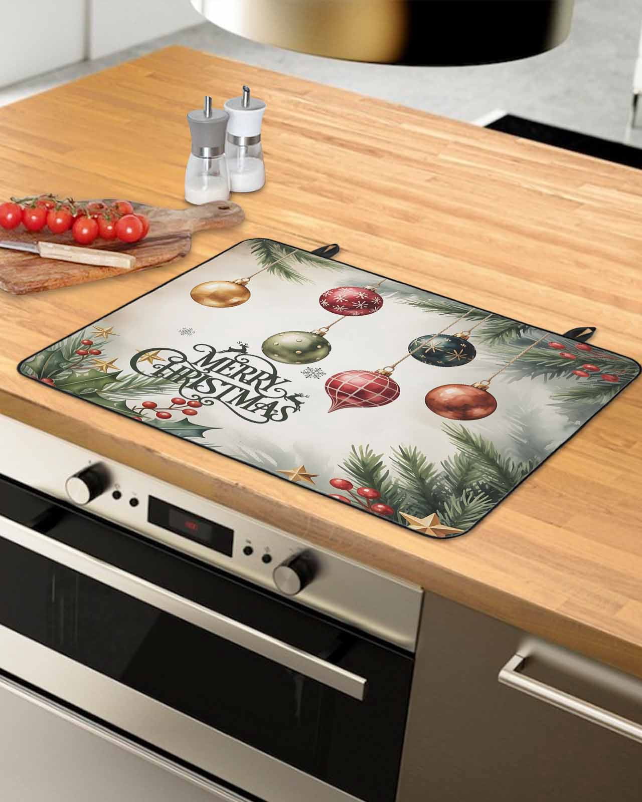 Large Induction Cooktop Protector Mat Christmas Stove Top Covers for Electric Stove, Winter Xmas Colorful Balls Pine Branches Decorative Stove Burner Cover Mats, Glass Top Stove Cover