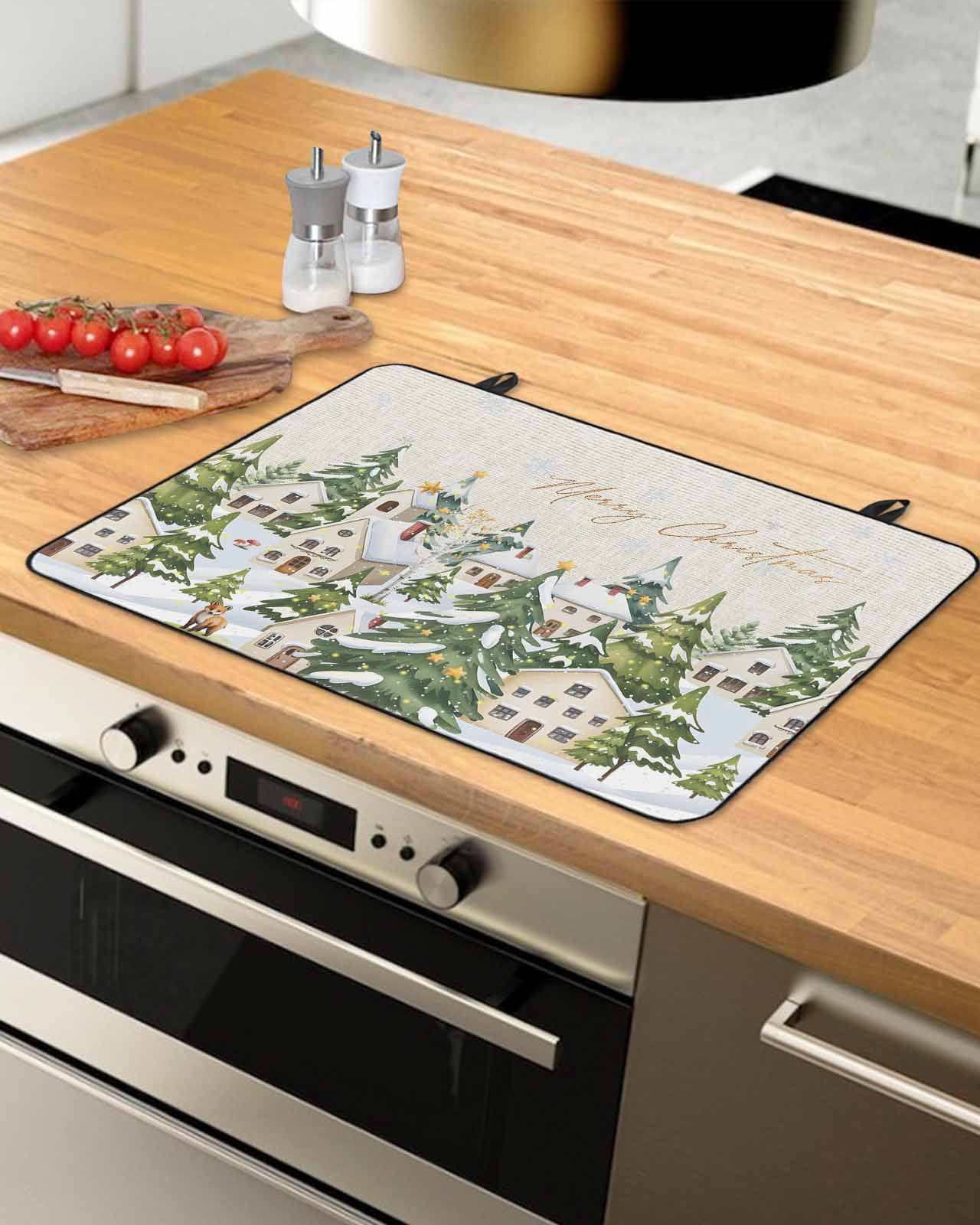 Large Induction Cooktop Protector Mat Christmas Stove Top Covers for Electric Stove, Winter Xmas Trees Farmhouse Country Cabin on Linen Decorative Stove Burner Cover Mats, Glass Top Stove Cover