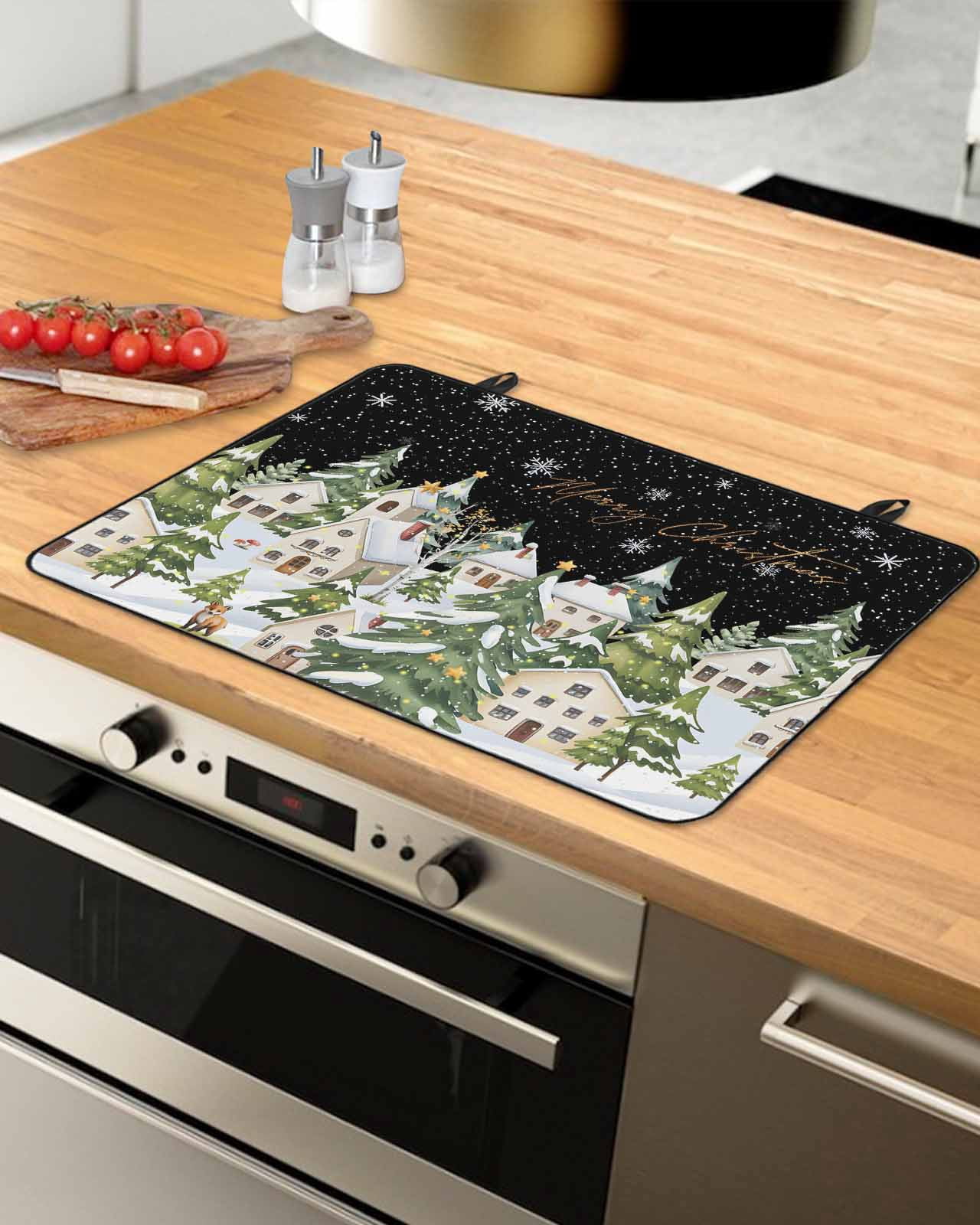 Large Induction Cooktop Protector Mat Christmas Stove Top Covers for Electric Stove, Winter Xmas Trees Snowflakes Country Cabin Black Decorative Stove Burner Cover Mats, Glass Top Stove Cover