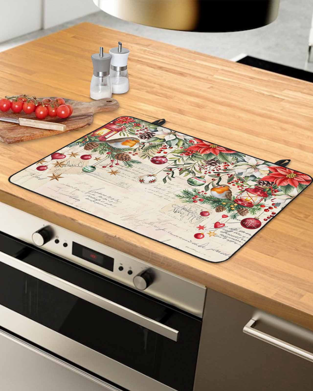 Large Induction Cooktop Protector Mat Christmas Stove Top Covers for Electric Stove, Xams Tree Winter Poinsettia Pine Cones Red Decorative Stove Burner Cover Mats, Glass Top Stove Cover