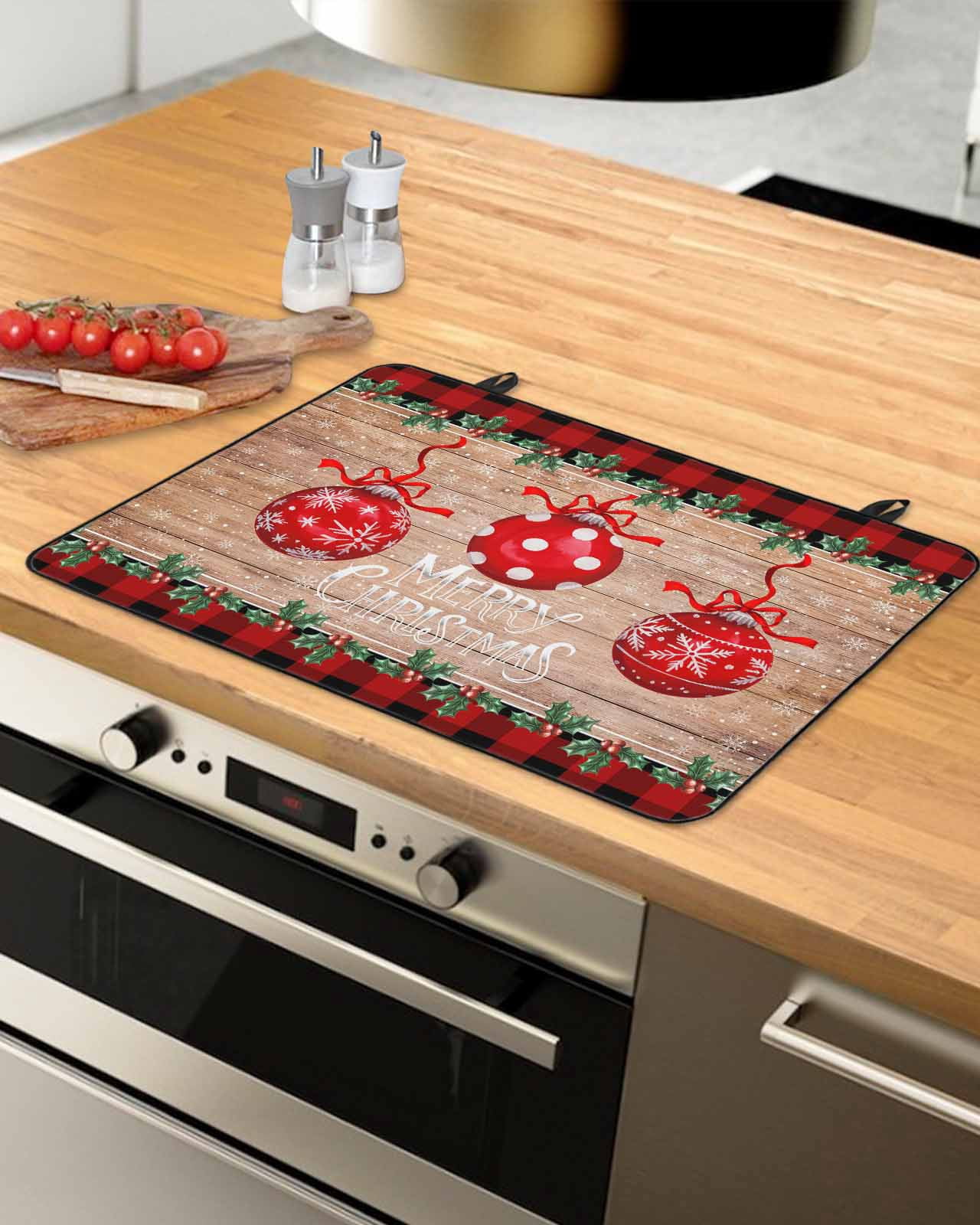 Large Induction Cooktop Protector Mat Christmas Stove Top Covers for Electric Stove, Xmas Balls Snowflakes Trees Red Plaid Wooden Decorative Stove Burner Cover Mats, Glass Top Stove Cover
