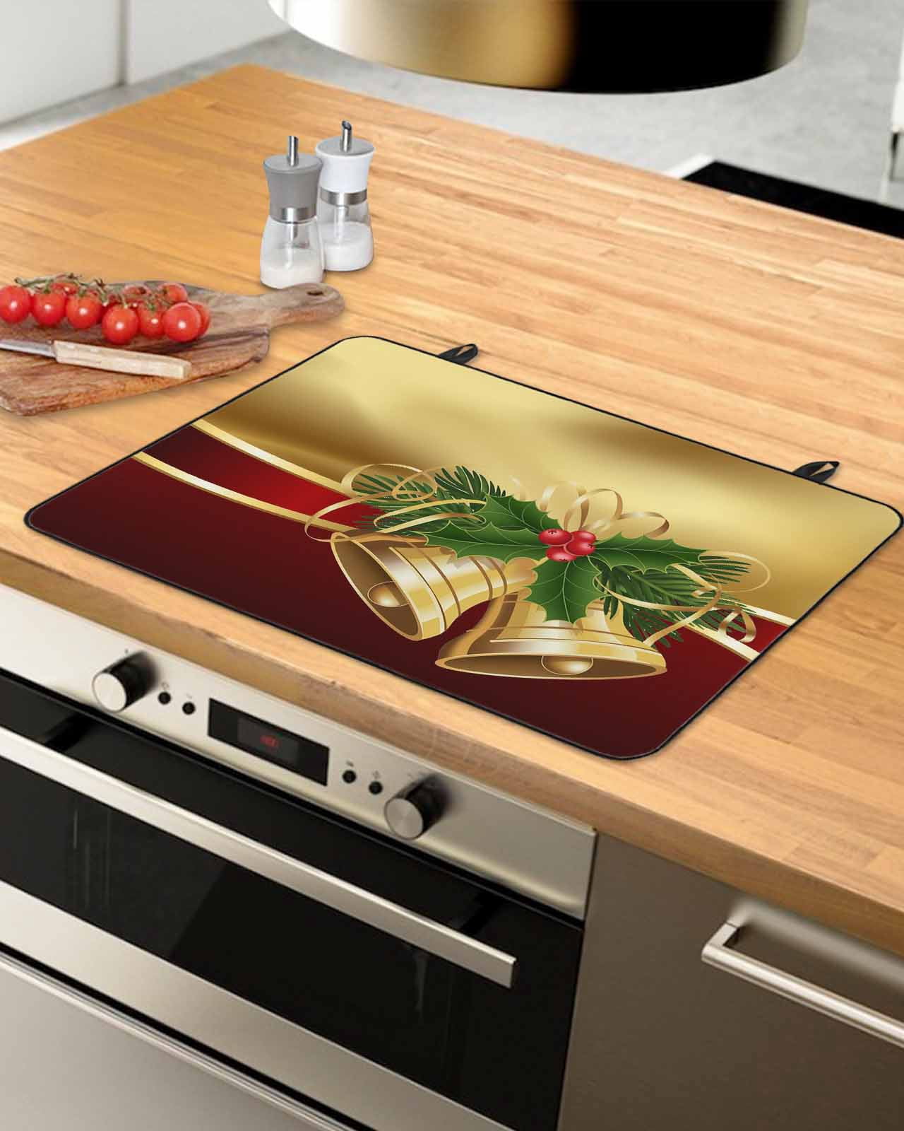 Large Induction Cooktop Protector Mat Christmas Stove Top Covers for Electric Stove, Xmas Bells Berry Botanical Golden Red Decorative Stove Burner Cover Mats, Glass Top Stove Cover