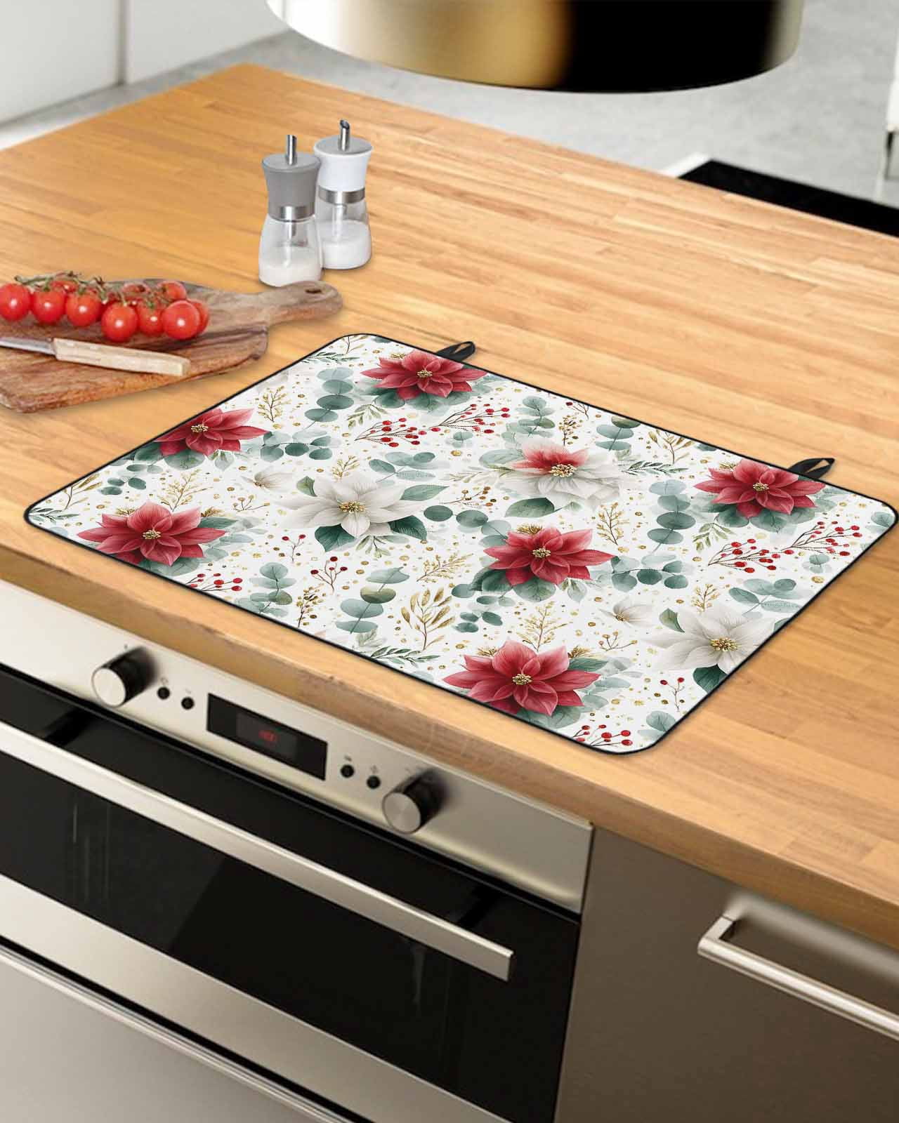 Large Induction Cooktop Protector Mat Christmas Stove Top Covers for Electric Stove, Xmas Botanical Floral Farmhouse Watercolor Decorative Stove Burner Cover Mats, Glass Top Stove Cover