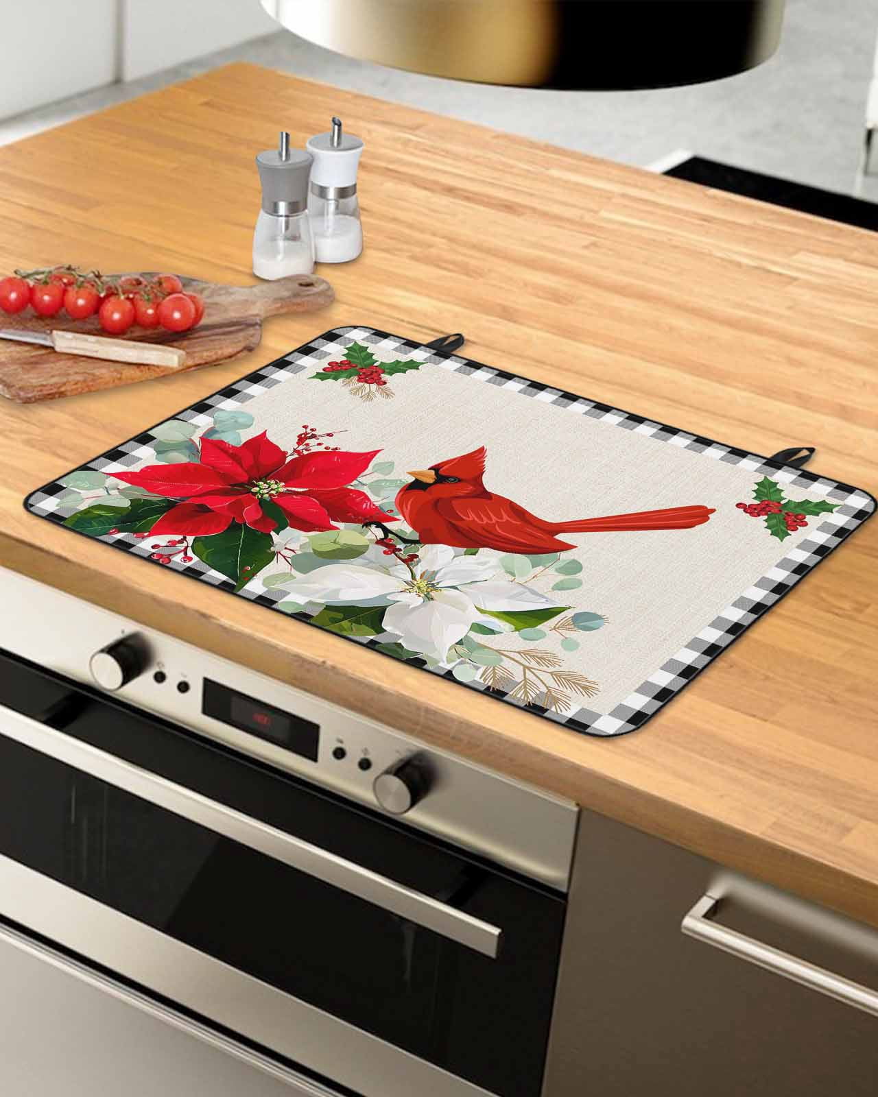 Large Induction Cooktop Protector Mat Christmas Stove Top Covers for Electric Stove, Xmas Poinsettia Botanical Black Plaid Decorative Stove Burner Cover Mats, Glass Top Stove Cover