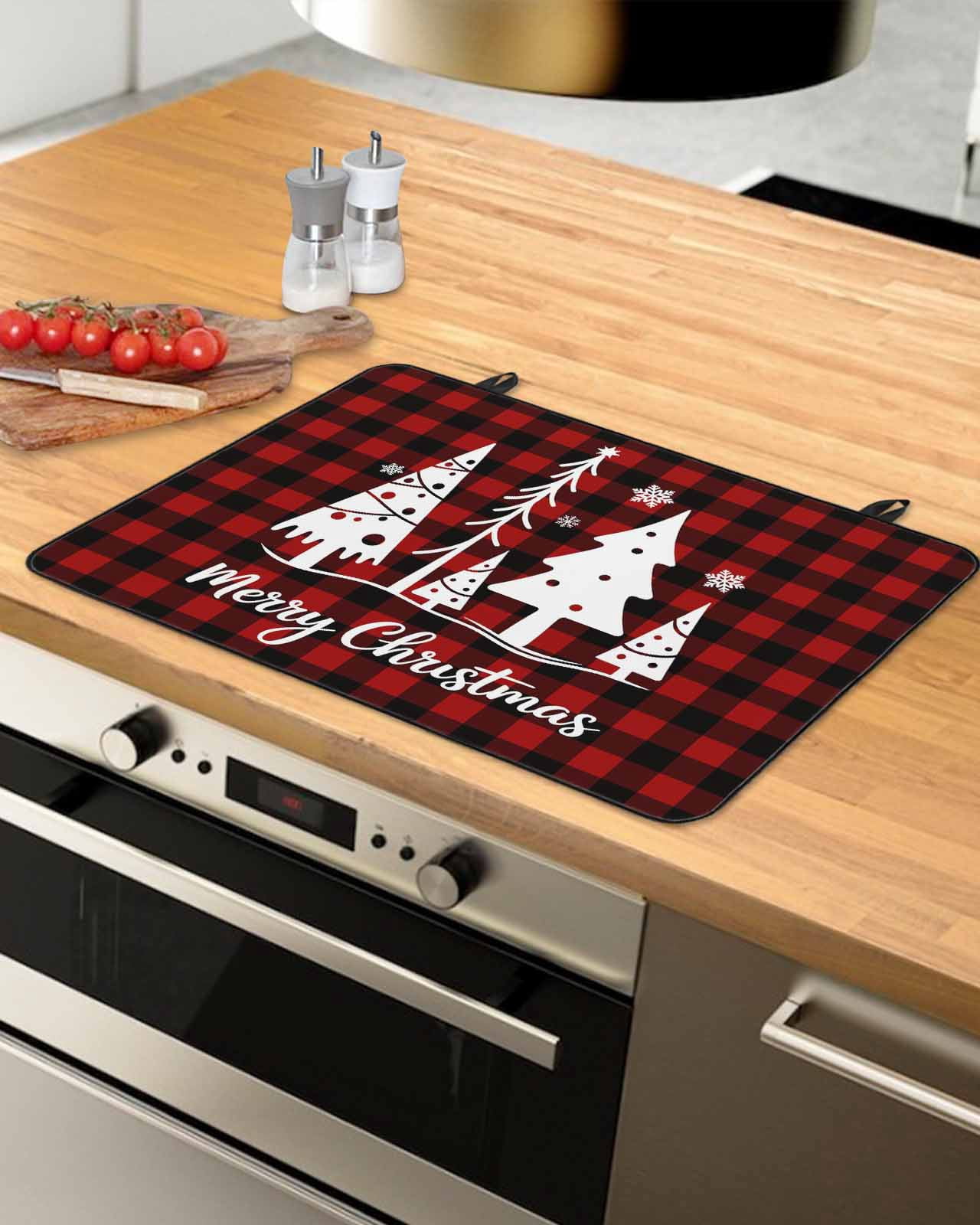 Large Induction Cooktop Protector Mat Christmas Stove Top Covers for Electric Stove, Xmas Red Black Buffalo Plaid Snowflakes Pine Tree Decorative Stove Burner Cover Mats, Glass Top Stove Cover