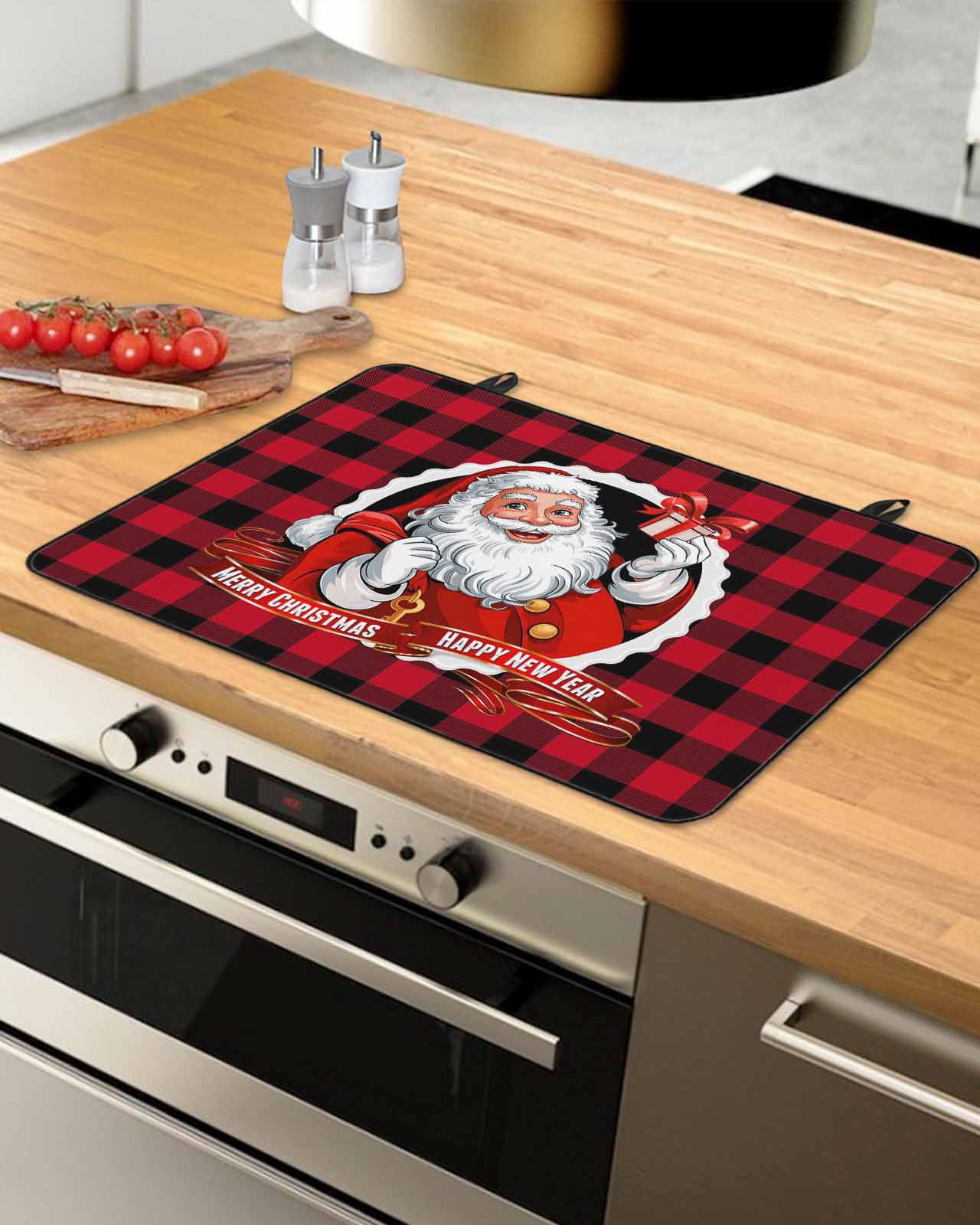 Large Induction Cooktop Protector Mat Christmas Stove Top Covers for Electric Stove, Xmas Santa Claus Red Black Buffalo Plaid Decorative Stove Burner Cover Mats, Glass Top Stove Cover