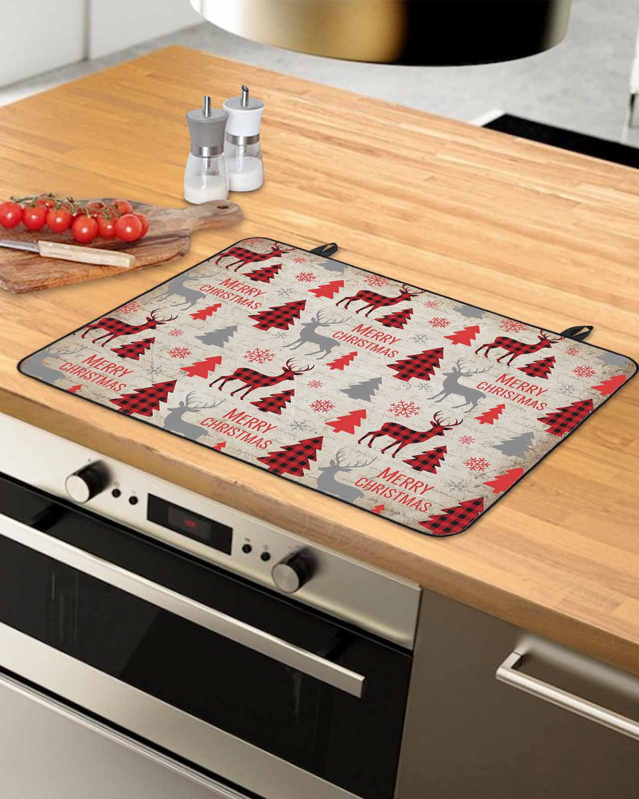 Large Induction Cooktop Protector Mat Christmas Tree Stove Top Covers for Electric Stove, Buffalo Plaid Xmas Elk Snowflake Vintage Decorative Stove Burner Cover Mats, Glass Top Stove Cover
