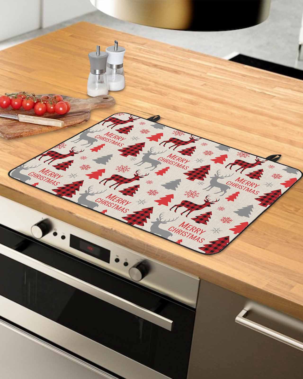 Large Induction Cooktop Protector Mat Christmas Tree Stove Top Covers for Electric Stove, Red Black Buffalo Plaid Xmas Elk Snowflake Decorative Stove Burner Cover Mats, Glass Top Stove Cover