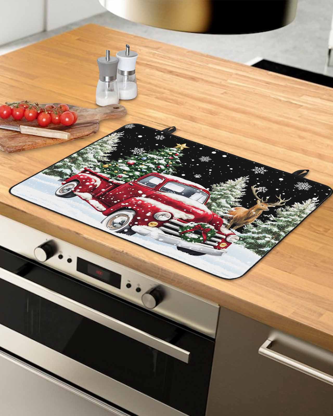 Large Induction Cooktop Protector Mat Christmas Truck Stove Top Covers for Electric Stove, Winter Snowflakes Xmas Tree Deer Black Decorative Stove Burner Cover Mats, Glass Top Stove Cover
