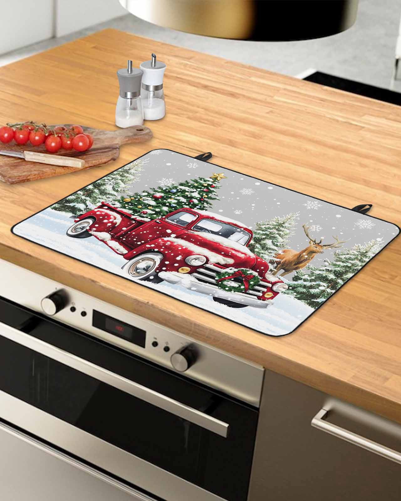 Large Induction Cooktop Protector Mat Christmas Truck Stove Top Covers for Electric Stove, Winter Snowflakes Xmas Tree Deer Grey Decorative Stove Burner Cover Mats, Glass Top Stove Cover