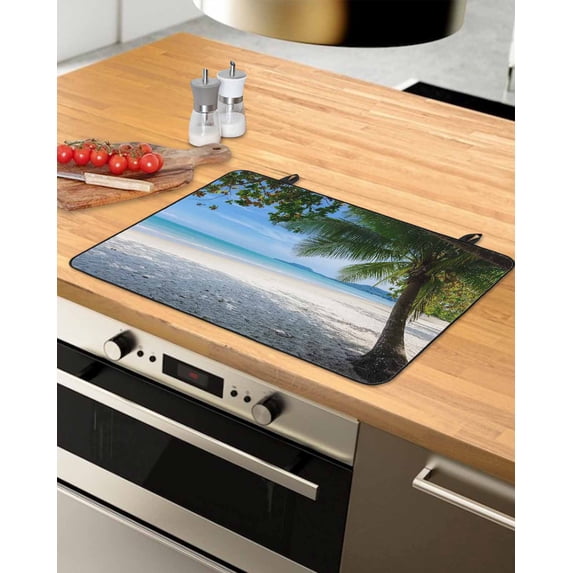 Large Induction Cooktop Protector Mat Coastal Beach Stove Top Covers for Electric Stove, Summer Ocean Sea Modern Palm Coconut Tree Decorative Stove Burner Cover Mats, Glass Top Stove Cover
